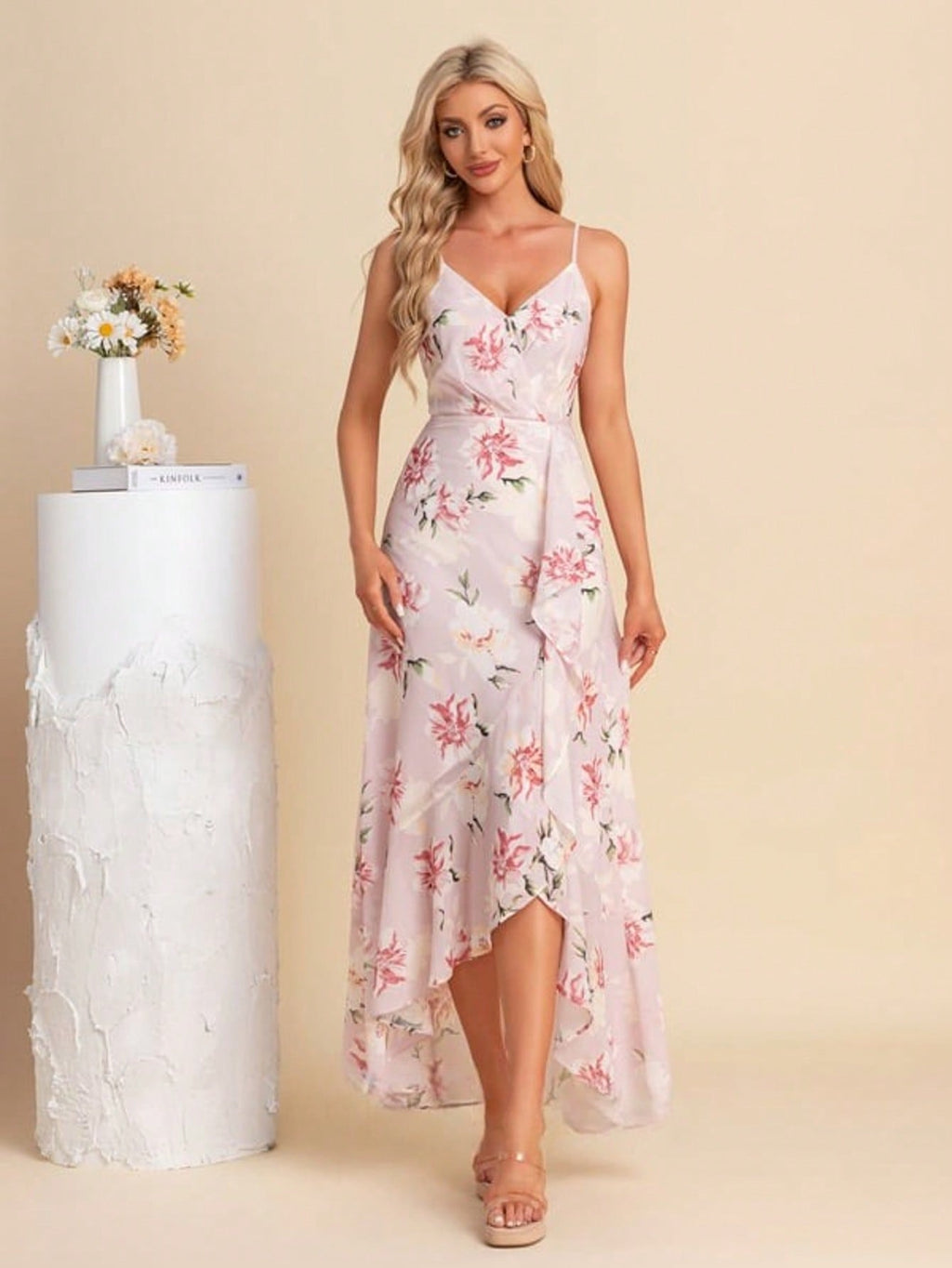 Ruffle Floral Print V-Neck Spaghetti Straps A-Line Chiffon Asymmetrical Maxi Dress For Summer & Fall Women's Dress