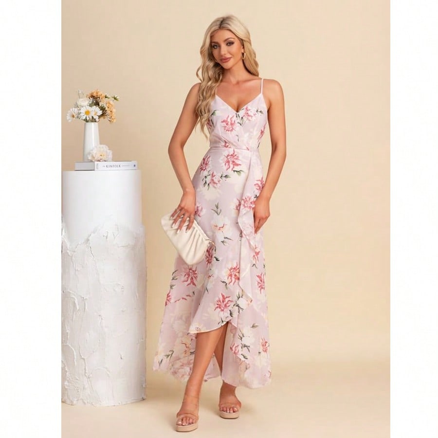 Ruffle Floral Print V-Neck Spaghetti Straps A-Line Chiffon Asymmetrical Maxi Dress For Summer & Fall Women's Dress