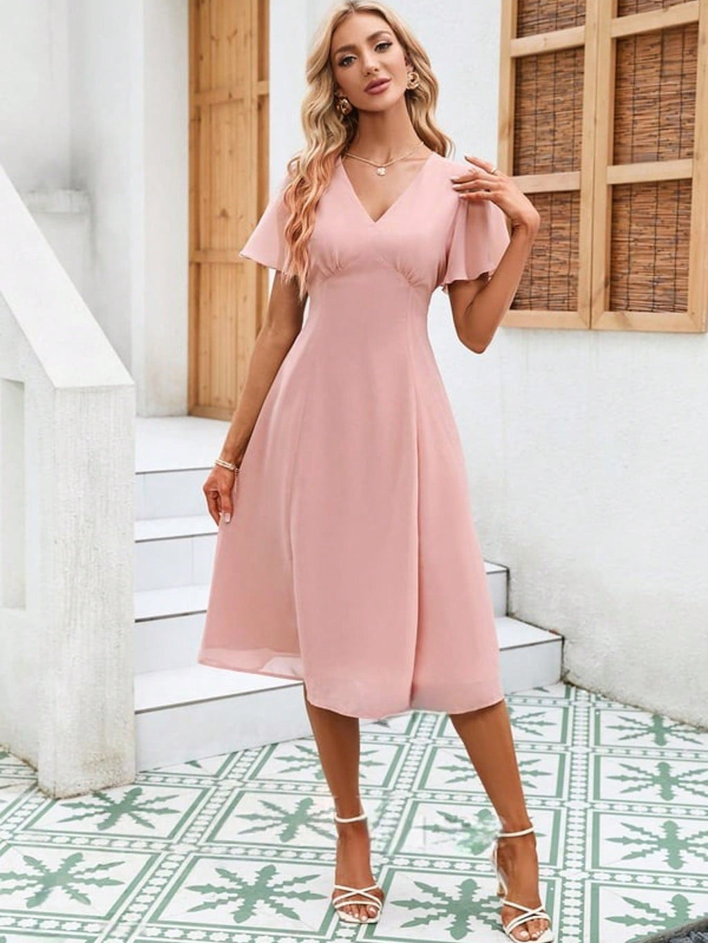 Cascading Ruffles V-Neck Short Sleeve Flutter Sleeve A-Line Chiffon Midi Dress For Summer & Fall Women's Dress