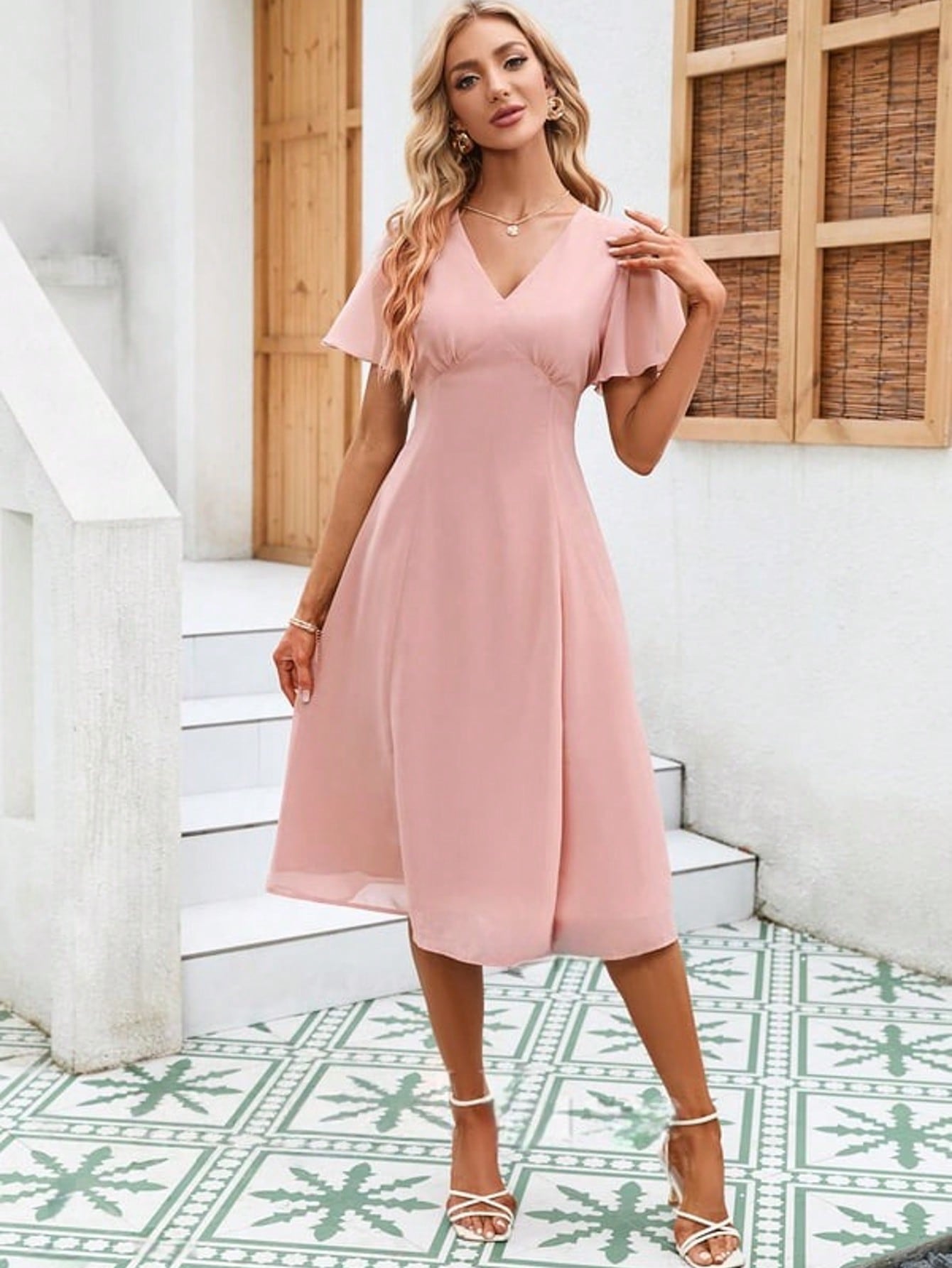 Cascading Ruffles V-Neck Short Sleeve Flutter Sleeve A-Line Chiffon Midi Dress For Summer & Fall Women's Dress