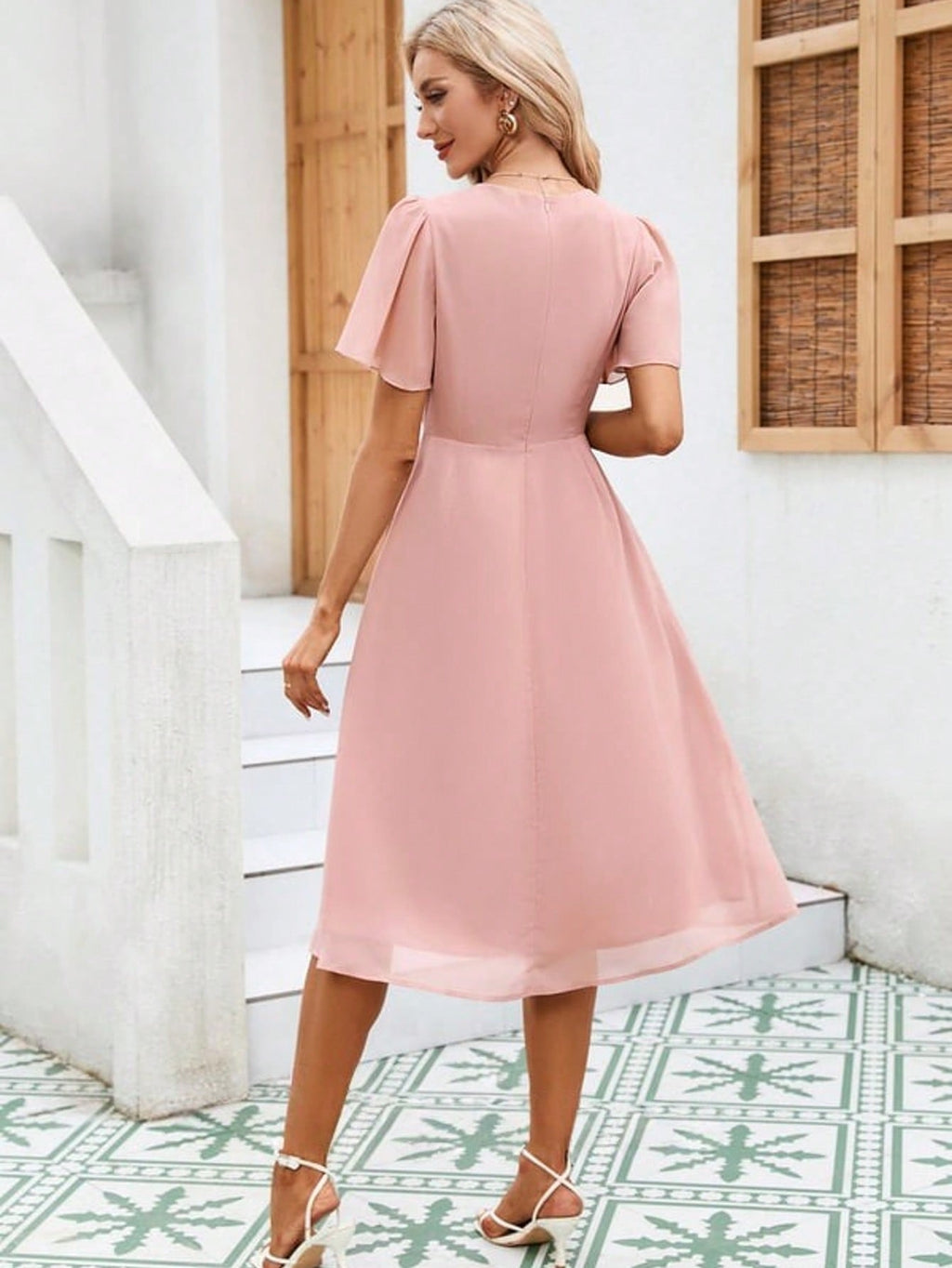 Cascading Ruffles V-Neck Short Sleeve Flutter Sleeve A-Line Chiffon Midi Dress For Summer & Fall Women's Dress