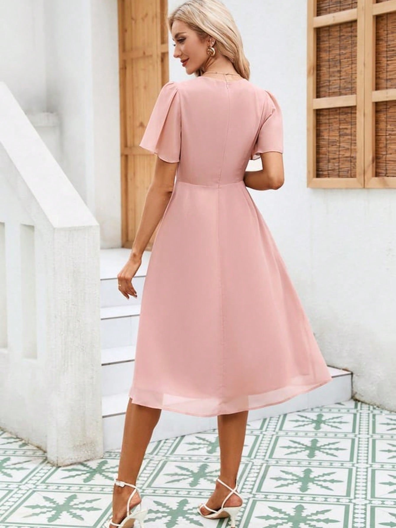 Cascading Ruffles V-Neck Short Sleeve Flutter Sleeve A-Line Chiffon Midi Dress For Summer & Fall Women's Dress