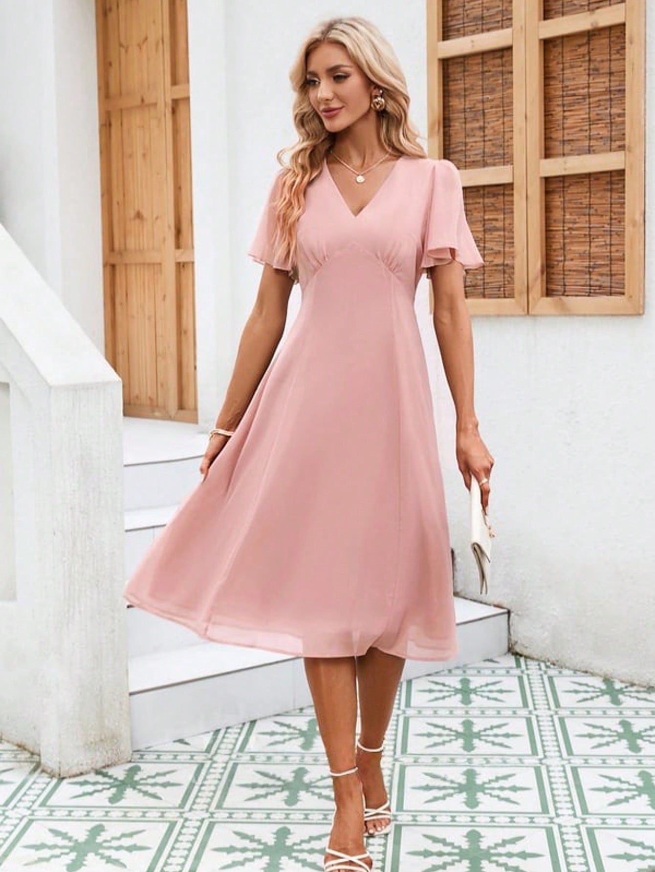 Cascading Ruffles V-Neck Short Sleeve Flutter Sleeve A-Line Chiffon Midi Dress For Summer & Fall Women's Dress