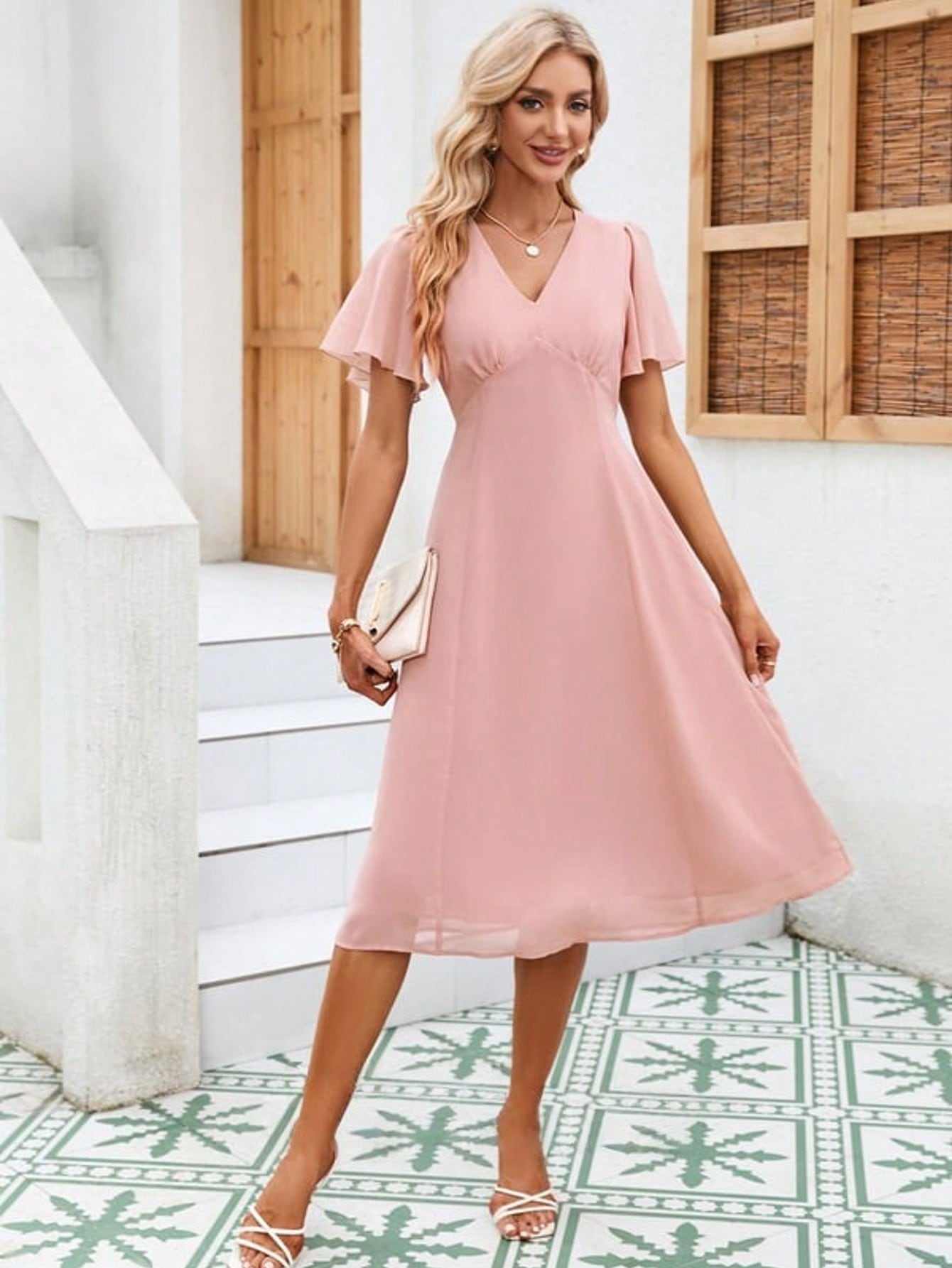 Cascading Ruffles V-Neck Short Sleeve Flutter Sleeve A-Line Chiffon Midi Dress For Summer & Fall Women's Dress