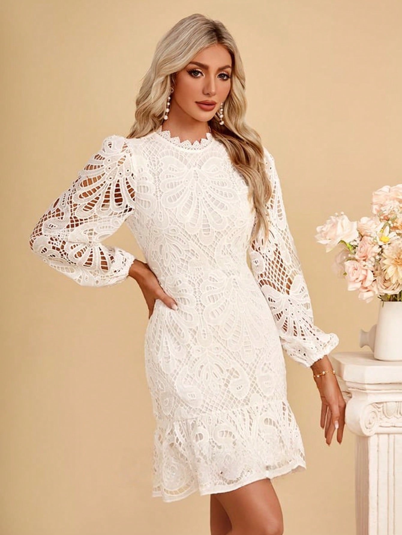 High Neck Trumpet/Mermaid Lace Mini Dress For Summer & Fall Women's Dress