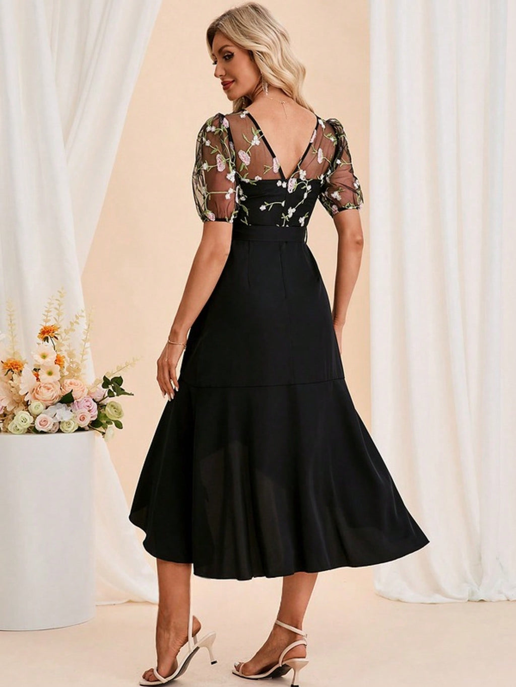 Embroidered Illusion Short Sleeve A-Line Charmeuse Tulle Asymmetrical Midi Dress For Summer & Fall Women's Clothing