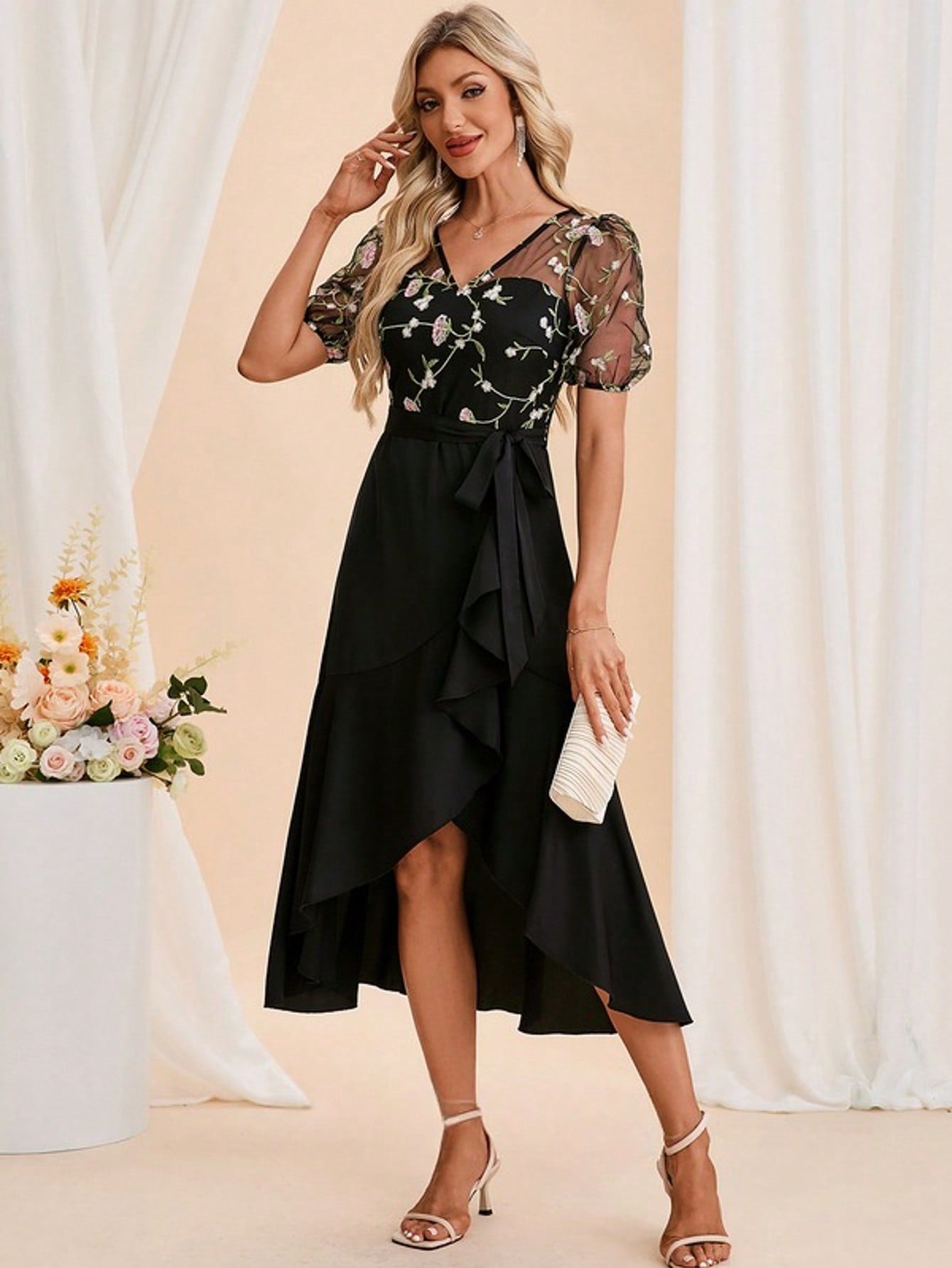 Embroidered Illusion Short Sleeve A-Line Charmeuse Tulle Asymmetrical Midi Dress For Summer & Fall Women's Clothing