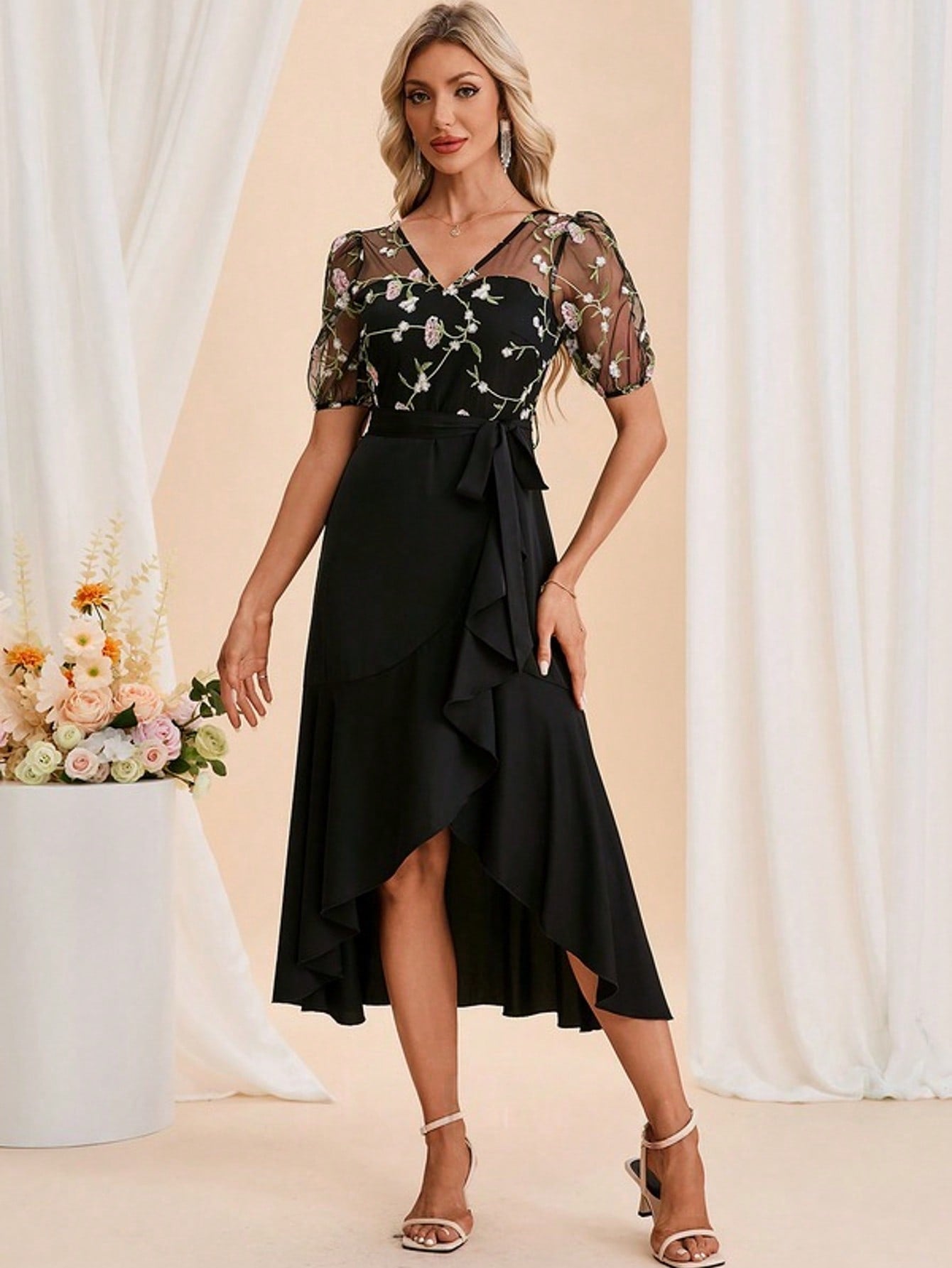 Embroidered Illusion Short Sleeve A-Line Charmeuse Tulle Asymmetrical Midi Dress For Summer & Fall Women's Clothing