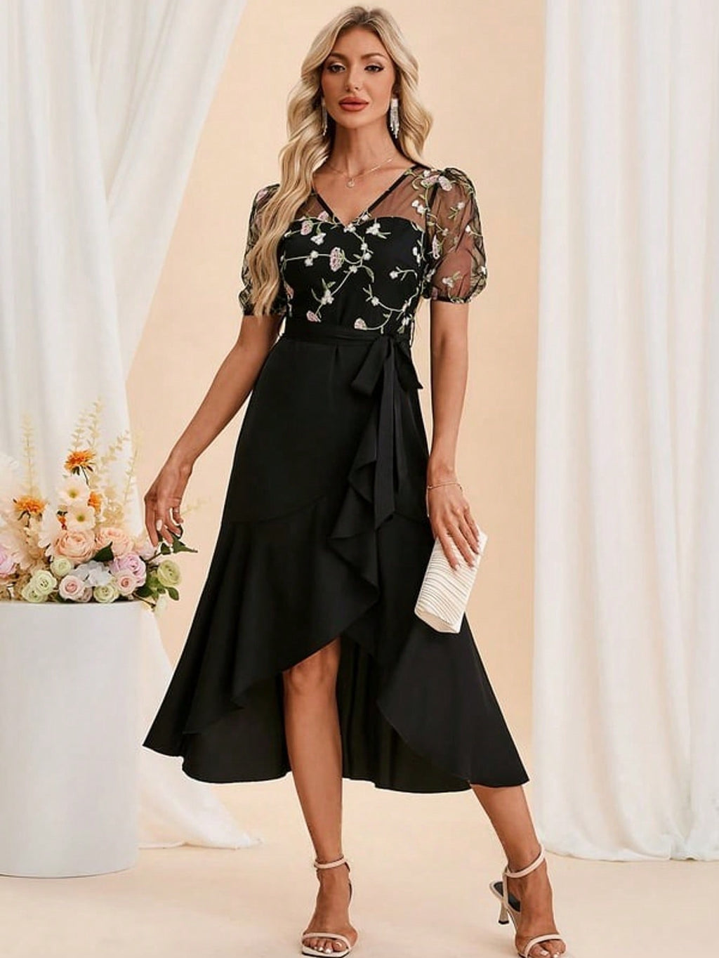 Embroidered Illusion Short Sleeve A-Line Charmeuse Tulle Asymmetrical Midi Dress For Summer & Fall Women's Clothing