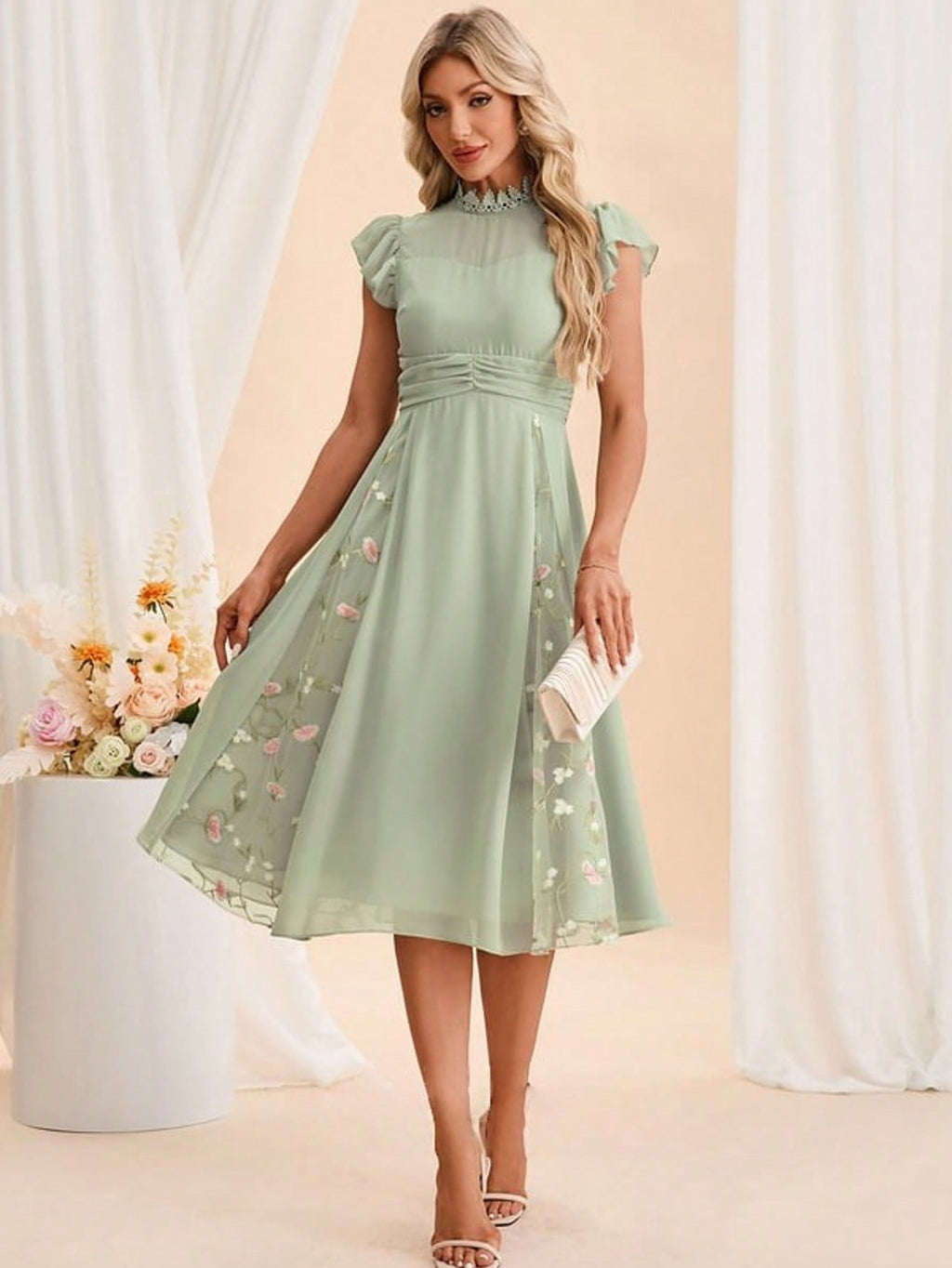 Embroidered High Neck Short Sleeve Flutter Sleeve A-Line Chiffon Tulle Midi Dress For Summer & Fall Women's Dress