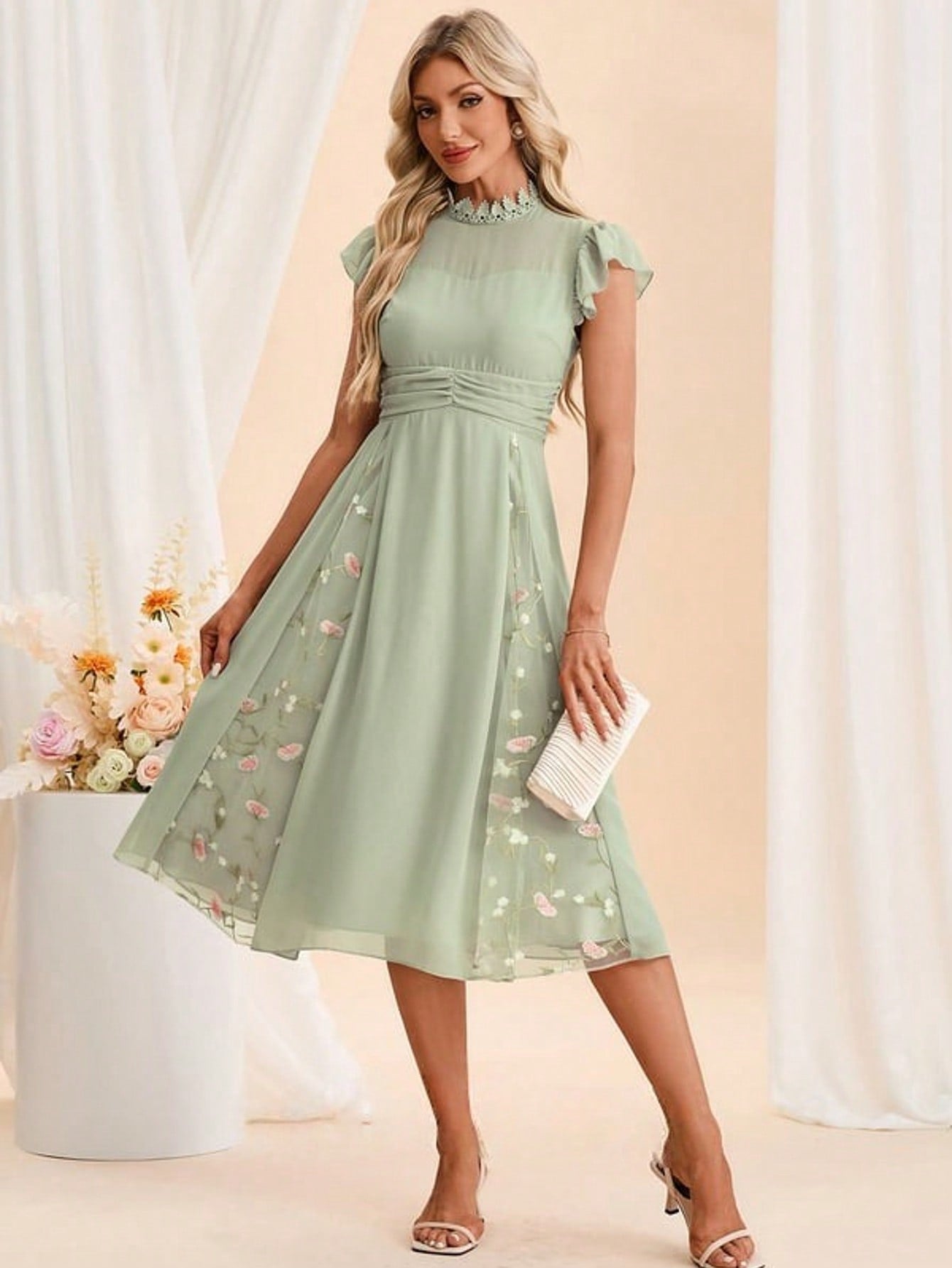 Embroidered High Neck Short Sleeve Flutter Sleeve A-Line Chiffon Tulle Midi Dress For Summer & Fall Women's Dress