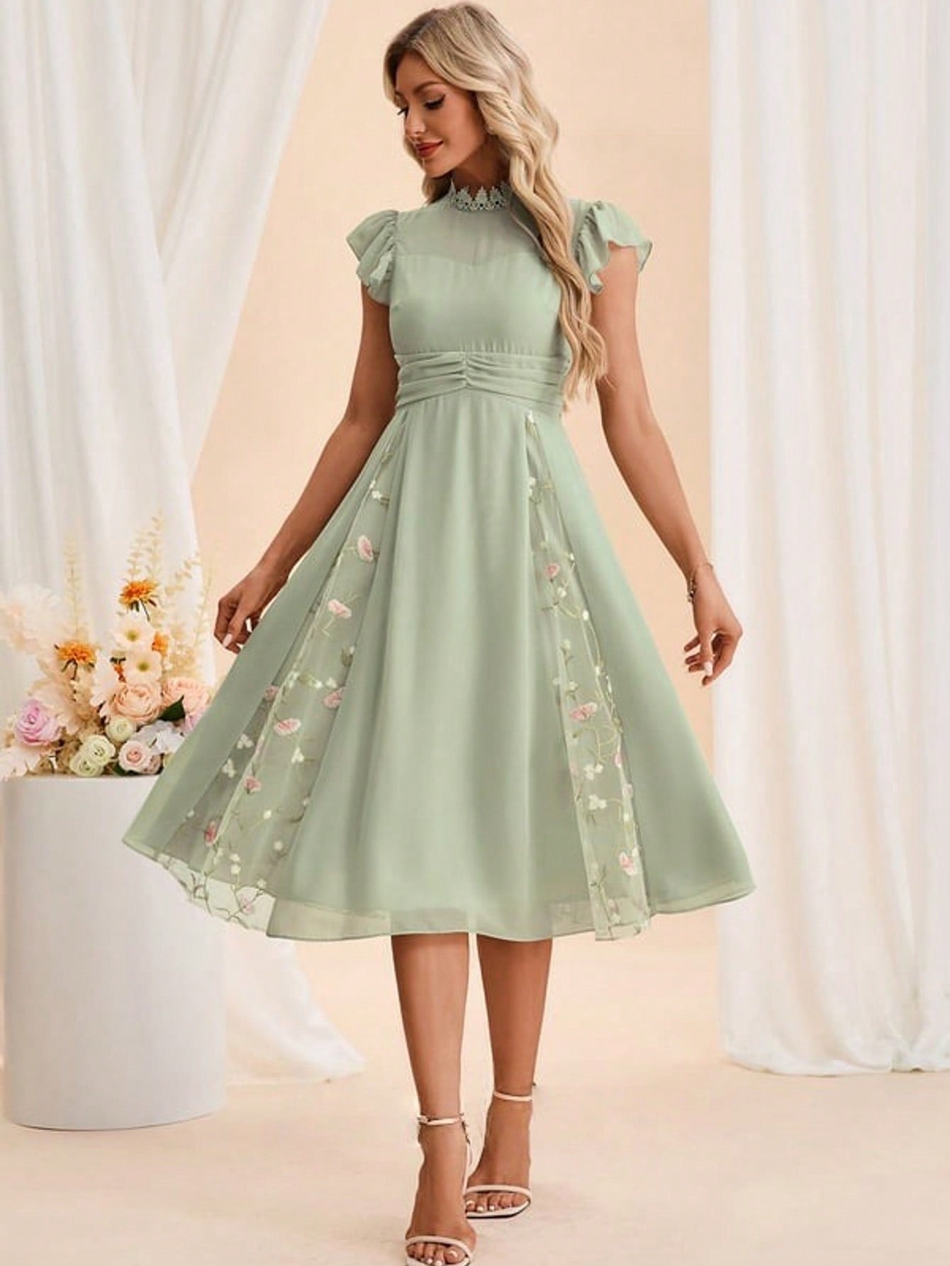 Embroidered High Neck Short Sleeve Flutter Sleeve A-Line Chiffon Tulle Midi Dress For Summer & Fall Women's Dress