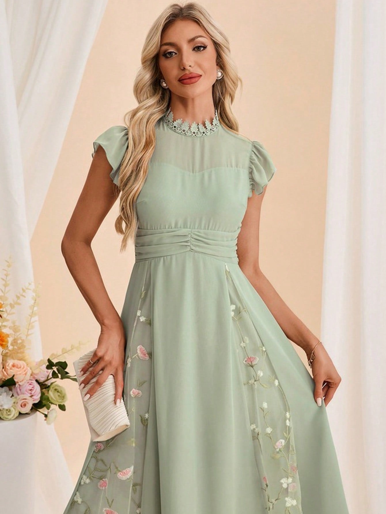 Embroidered High Neck Short Sleeve Flutter Sleeve A-Line Chiffon Tulle Midi Dress For Summer & Fall Women's Dress