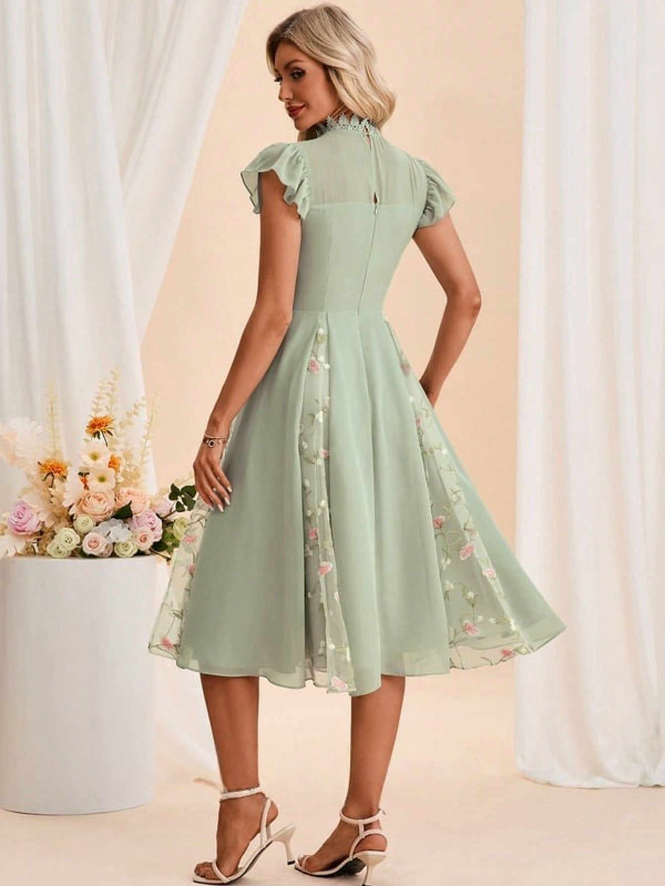 Embroidered High Neck Short Sleeve Flutter Sleeve A-Line Chiffon Tulle Midi Dress For Summer & Fall Women's Dress