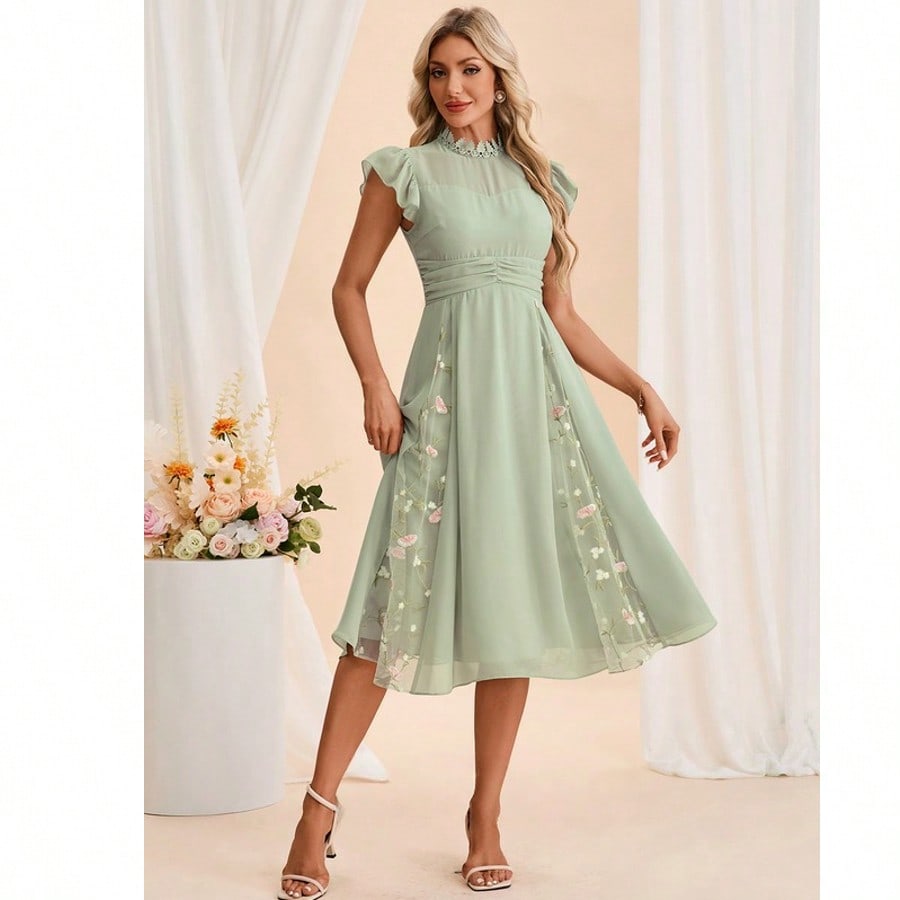 Embroidered High Neck Short Sleeve Flutter Sleeve A-Line Chiffon Tulle Midi Dress For Summer & Fall Women's Dress