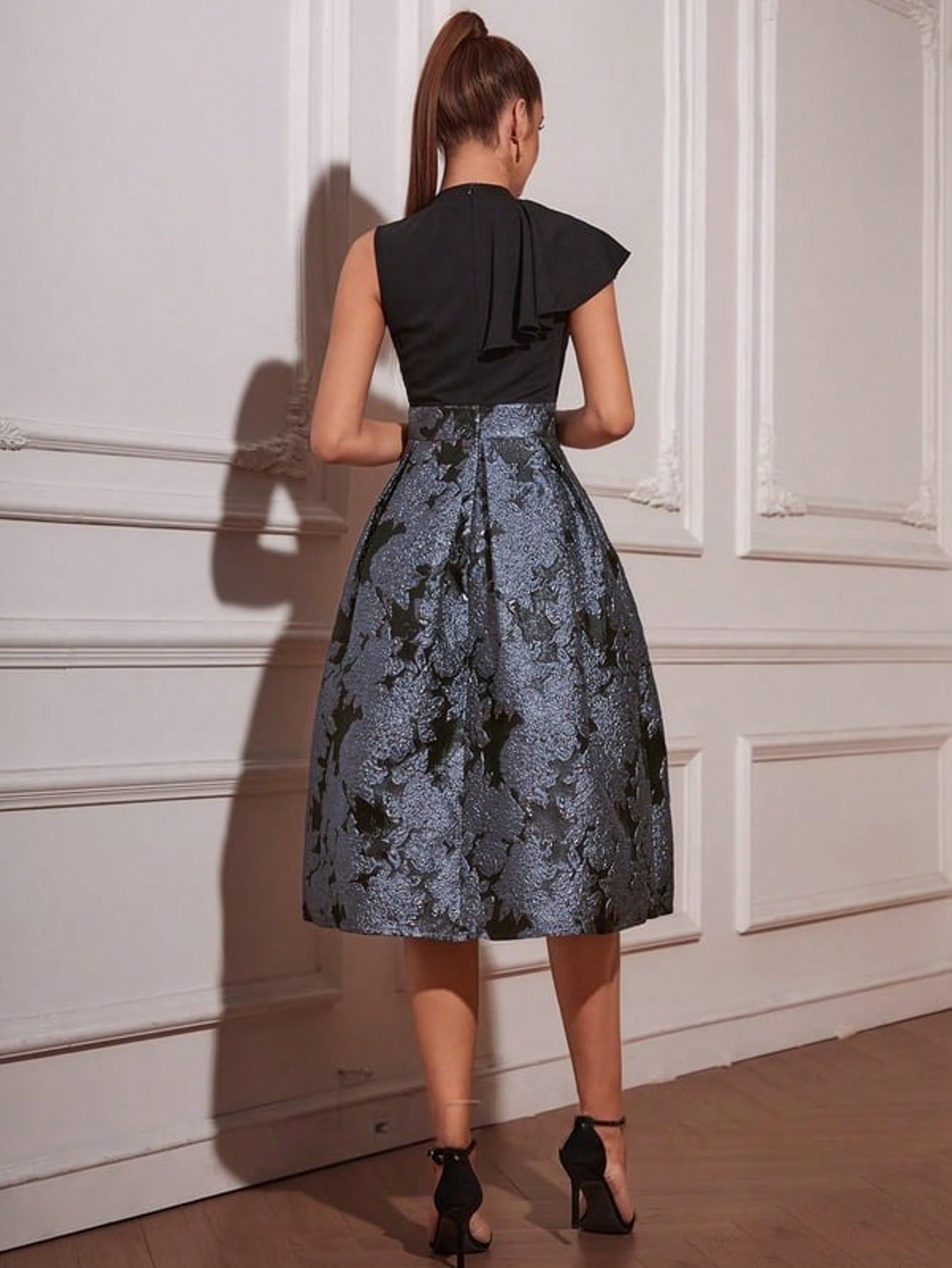 Pleated High Neck Sleeveless A-Line Jacquard Stretch Crepe Midi Dress For Summer & Fall Women's Dress