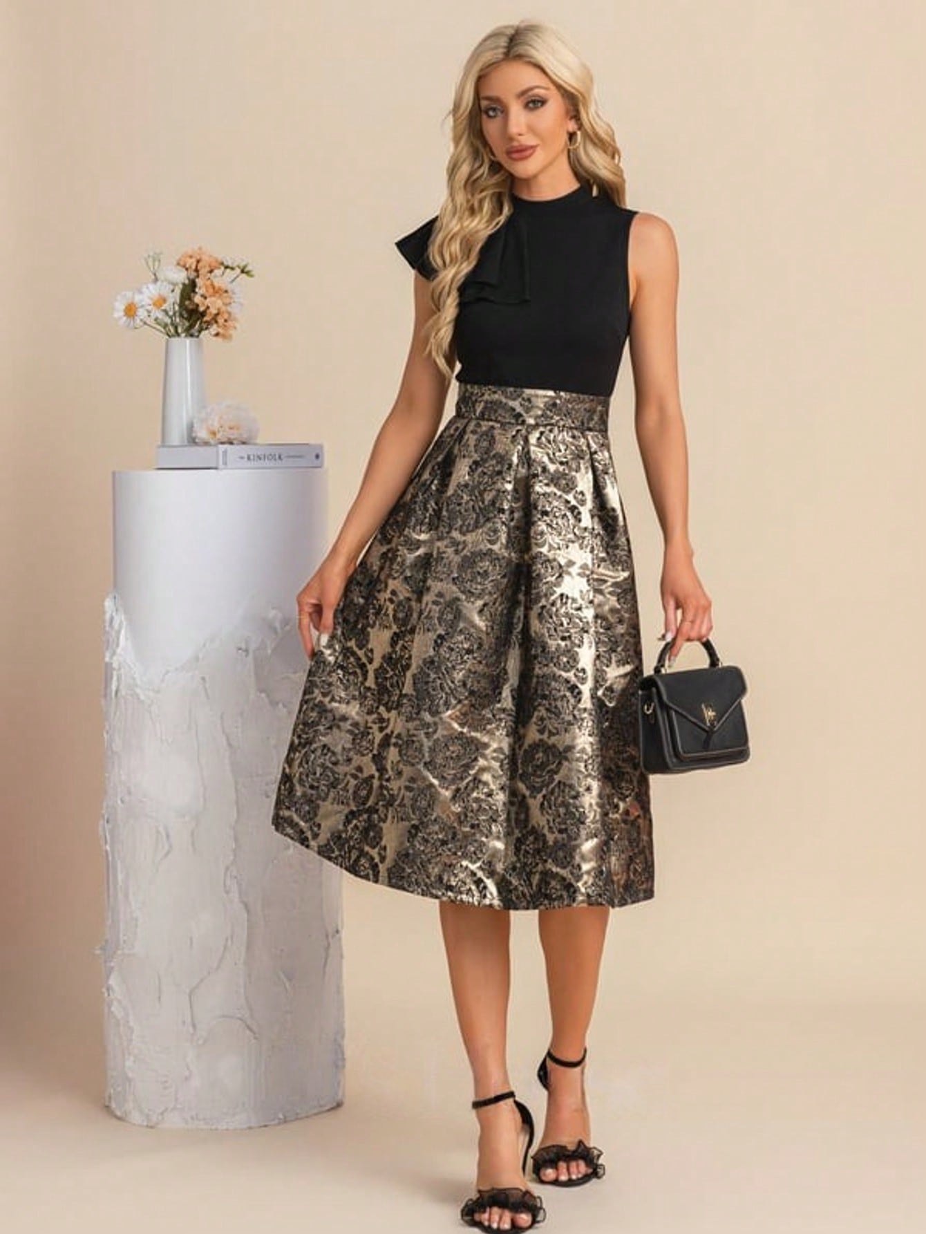 Pleated High Neck Sleeveless A-Line Jacquard Stretch Crepe Midi Dress For Summer & Fall Women's Dress