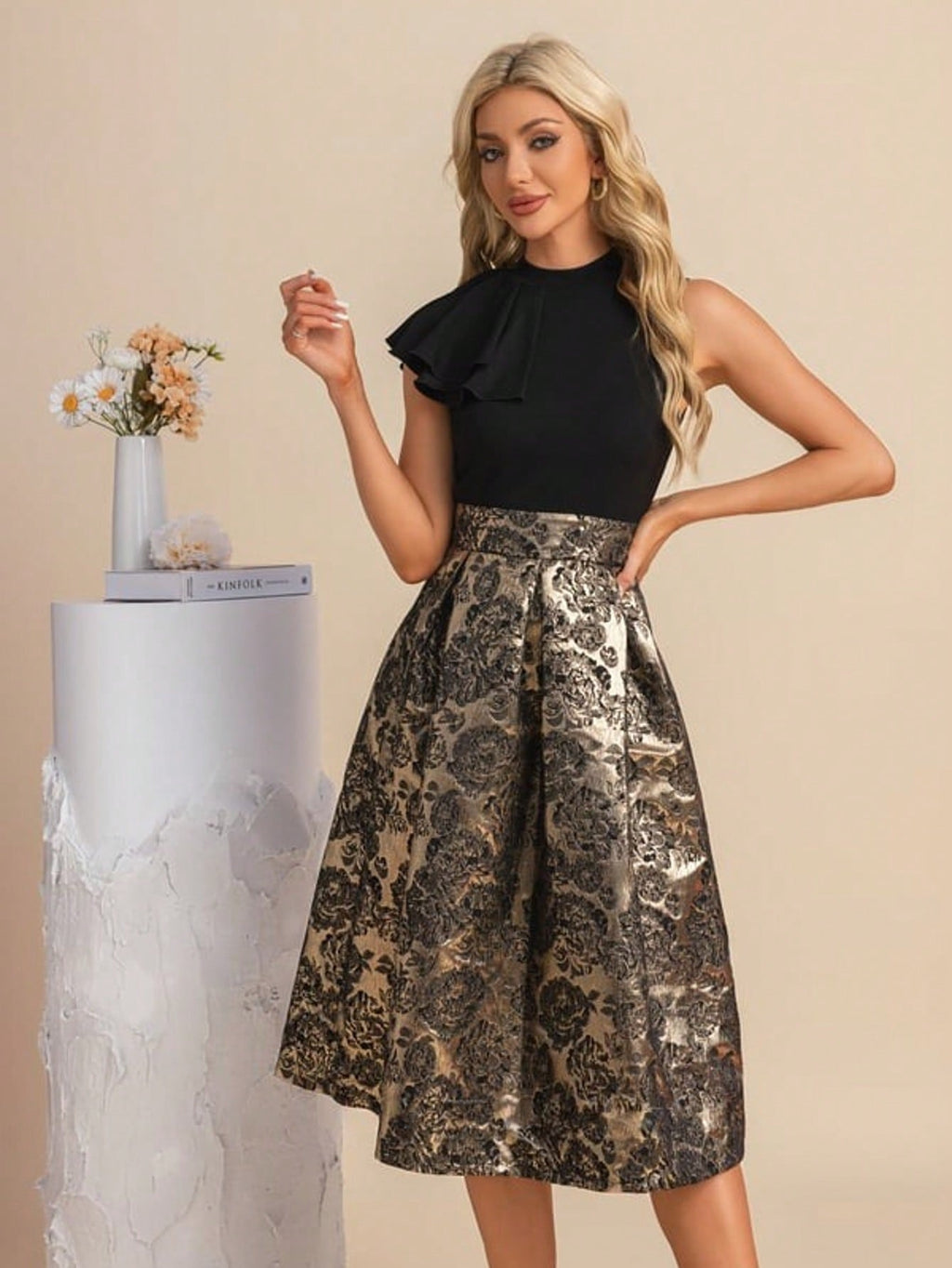 Pleated High Neck Sleeveless A-Line Jacquard Stretch Crepe Midi Dress For Summer & Fall Women's Dress