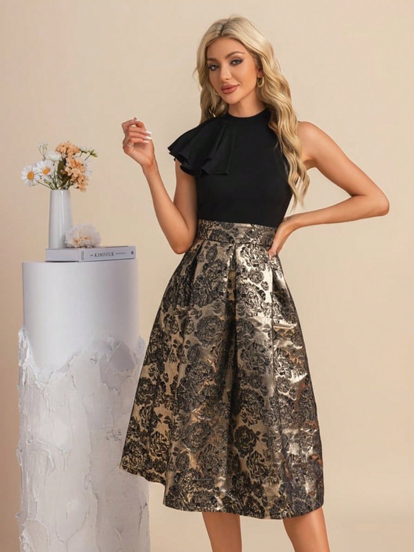 Pleated High Neck Sleeveless A-Line Jacquard Stretch Crepe Midi Dress For Summer & Fall Women's Dress