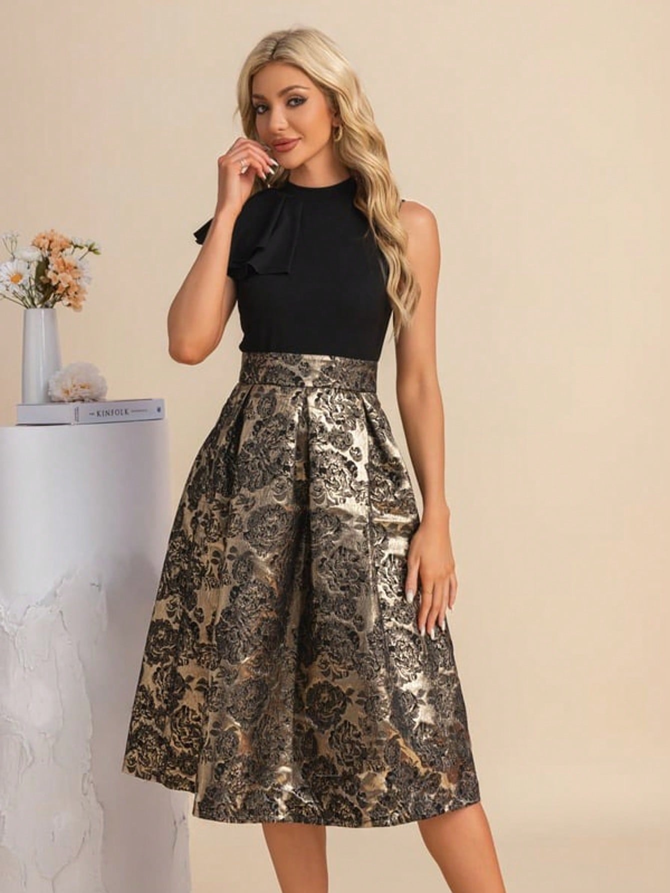 Pleated High Neck Sleeveless A-Line Jacquard Stretch Crepe Midi Dress For Summer & Fall Women's Dress
