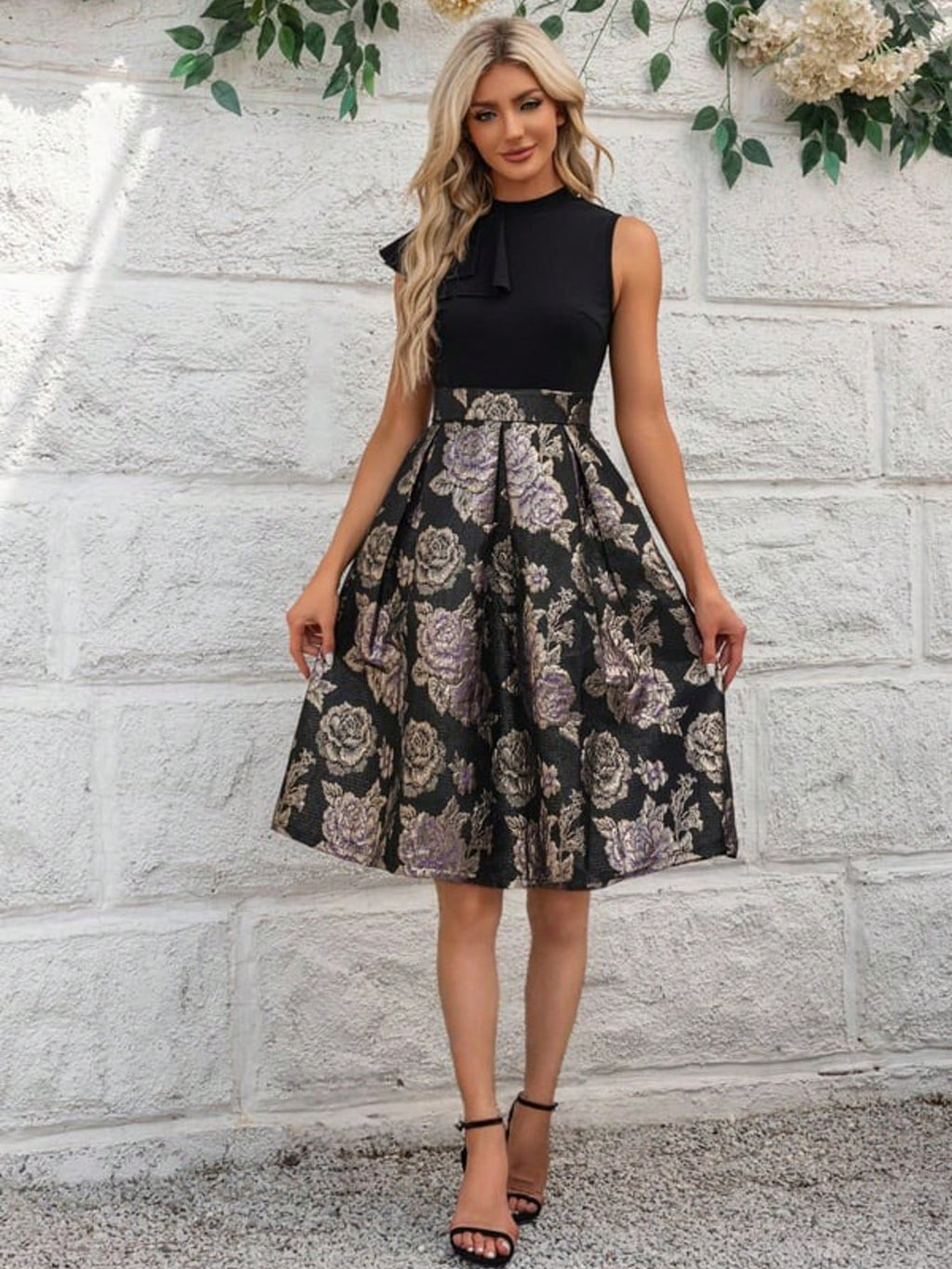 Pleated High Neck Sleeveless A-Line Jacquard Stretch Crepe Midi Dress For Summer & Fall Women's Dress
