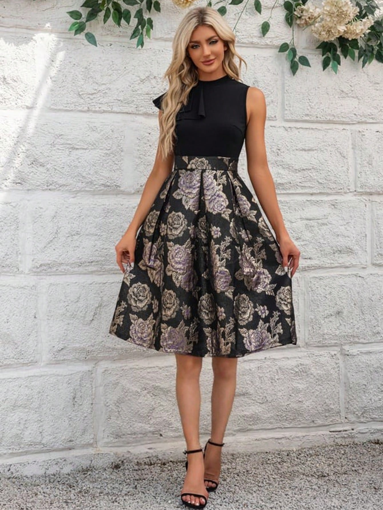Pleated High Neck Sleeveless A-Line Jacquard Stretch Crepe Midi Dress For Summer & Fall Women's Dress