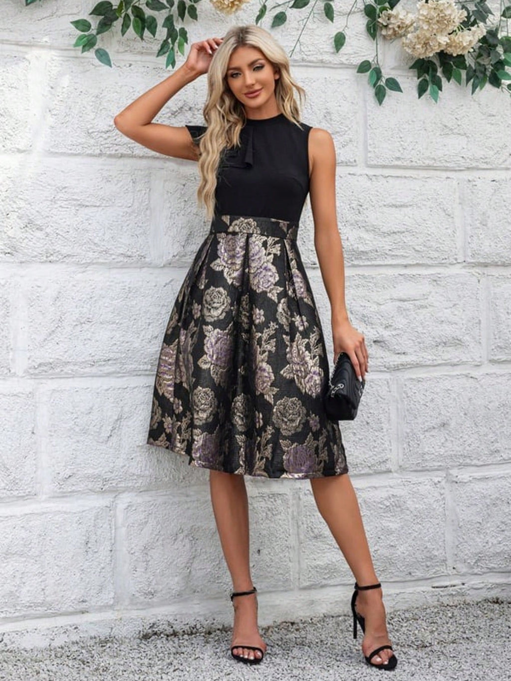 Pleated High Neck Sleeveless A-Line Jacquard Stretch Crepe Midi Dress For Summer & Fall Women's Dress