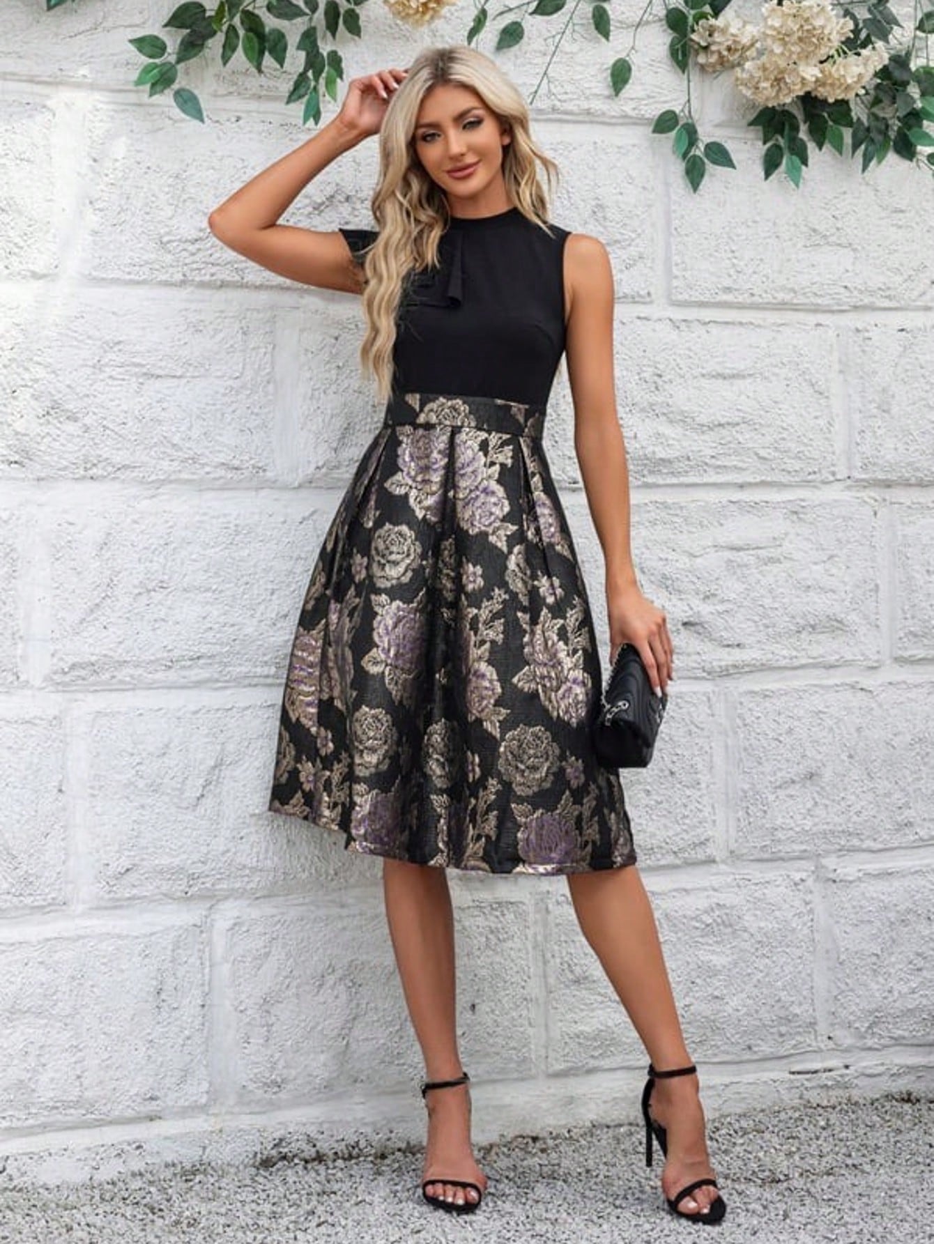 Pleated High Neck Sleeveless A-Line Jacquard Stretch Crepe Midi Dress For Summer & Fall Women's Dress
