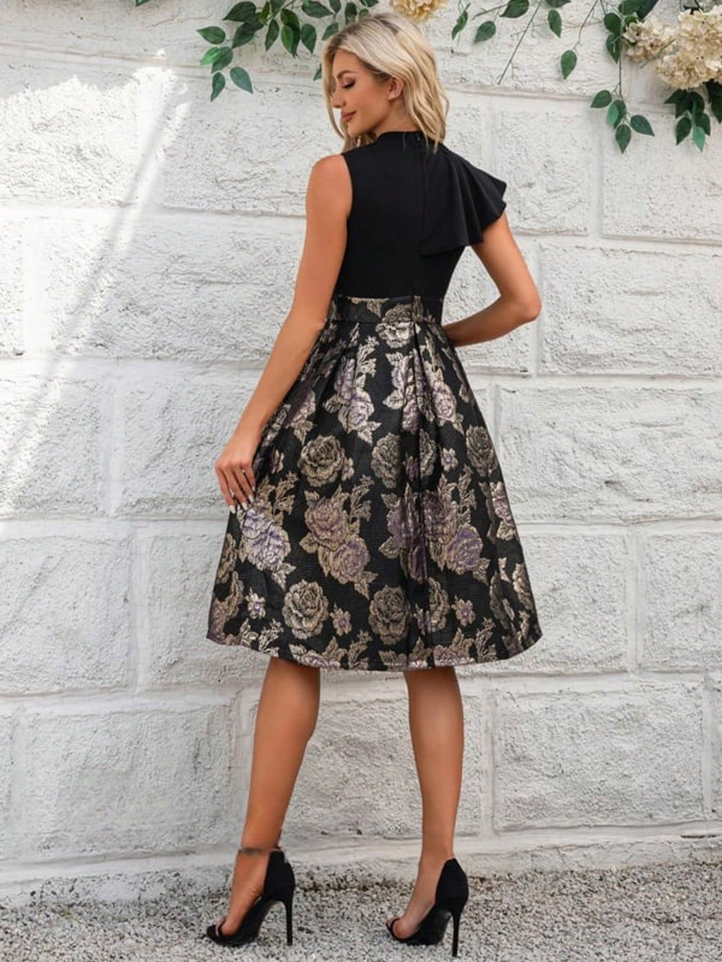 Pleated High Neck Sleeveless A-Line Jacquard Stretch Crepe Midi Dress For Summer & Fall Women's Dress