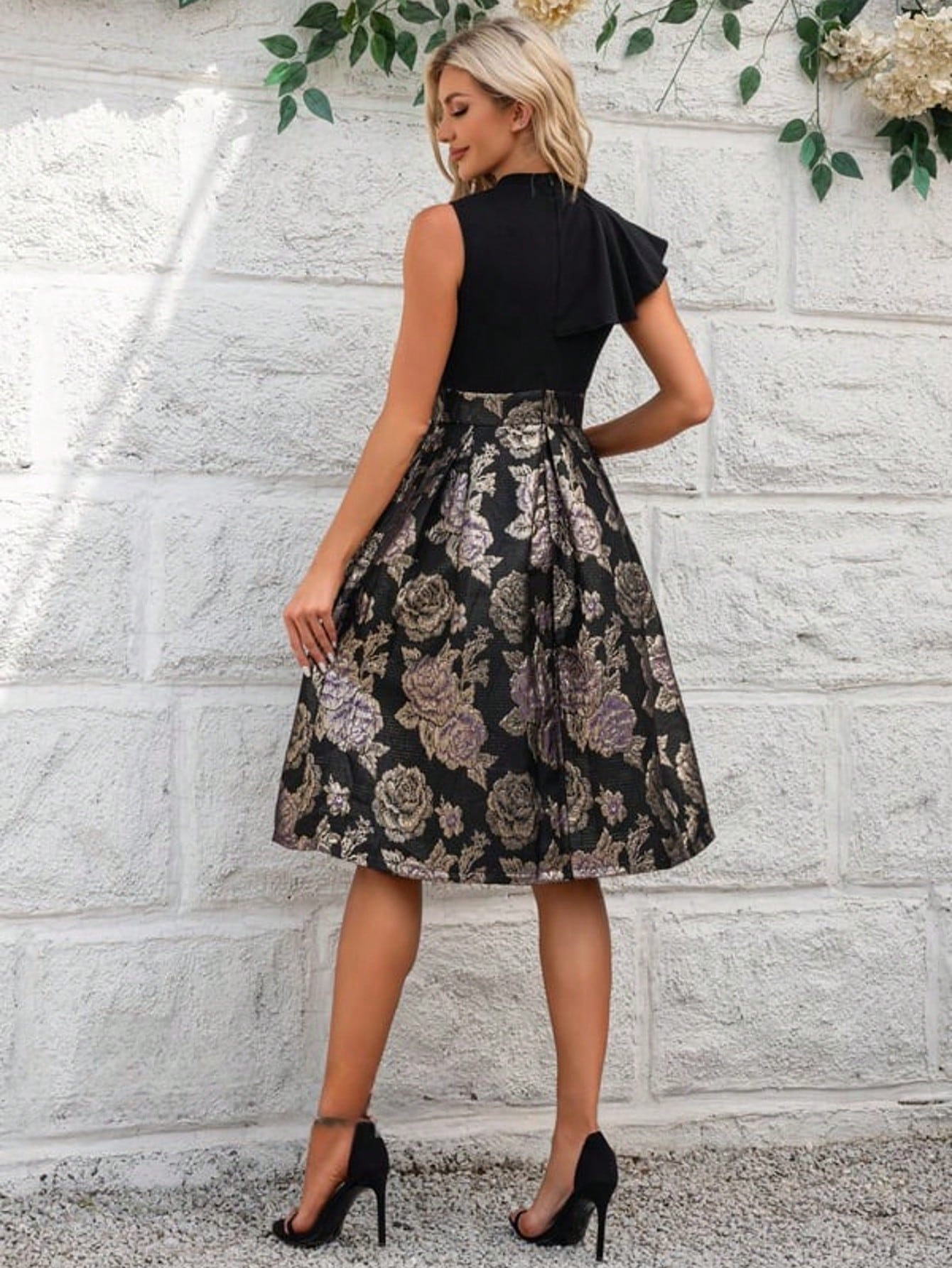 Pleated High Neck Sleeveless A-Line Jacquard Stretch Crepe Midi Dress For Summer & Fall Women's Dress