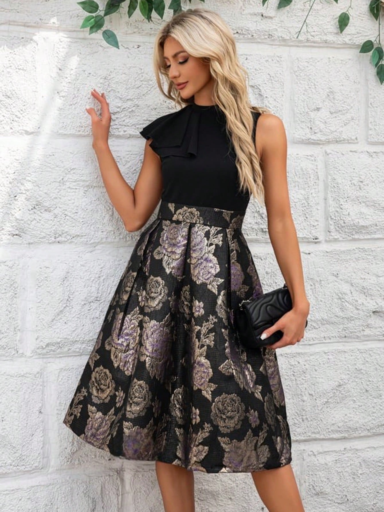Pleated High Neck Sleeveless A-Line Jacquard Stretch Crepe Midi Dress For Summer & Fall Women's Dress