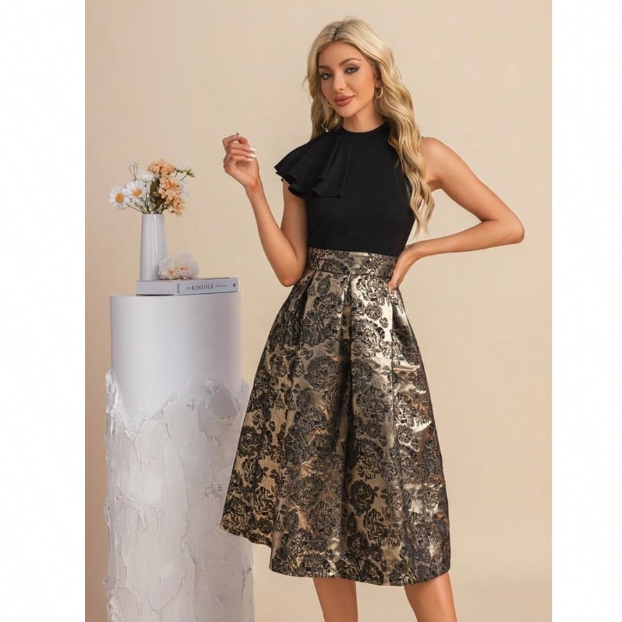 Pleated High Neck Sleeveless A-Line Jacquard Stretch Crepe Midi Dress For Summer & Fall Women's Dress