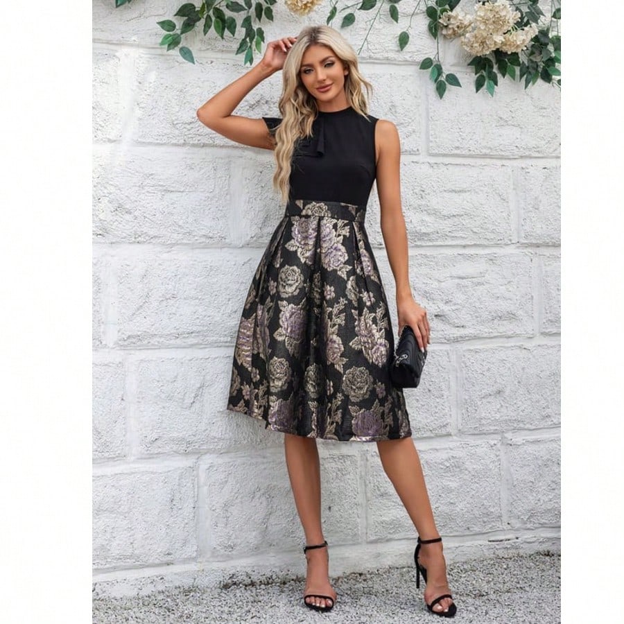 Pleated High Neck Sleeveless A-Line Jacquard Stretch Crepe Midi Dress For Summer & Fall Women's Dress
