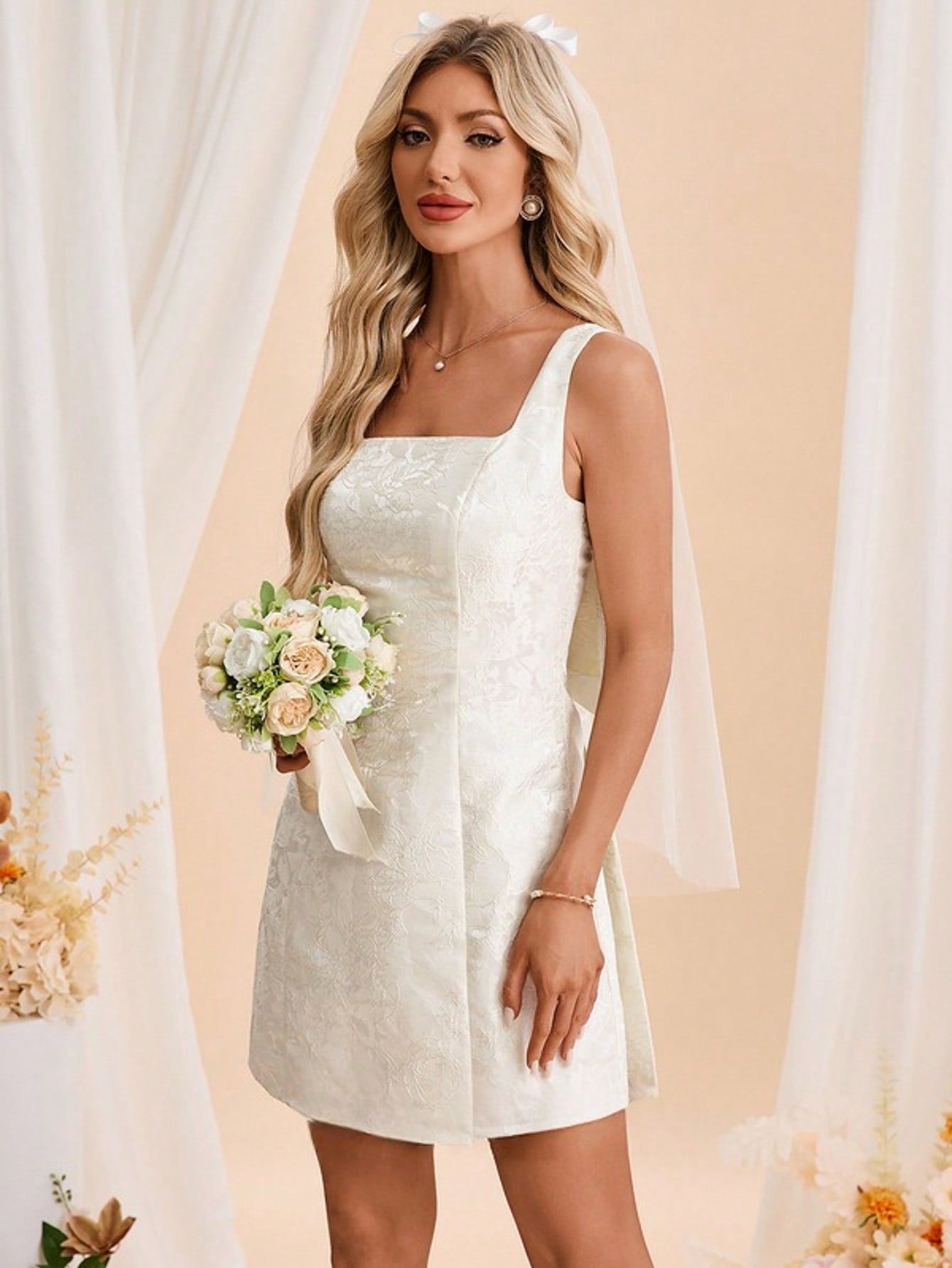 Bow Square Sleeveless A-Line Jacquard Mini Dress For Summer & Fall Women's Dress
