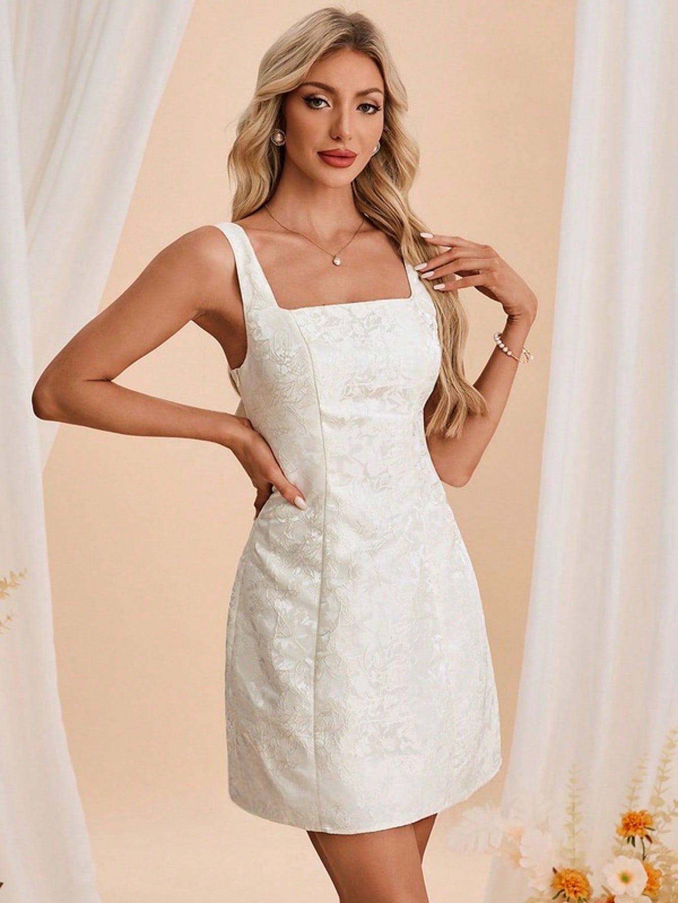 Bow Square Sleeveless A-Line Jacquard Mini Dress For Summer & Fall Women's Dress