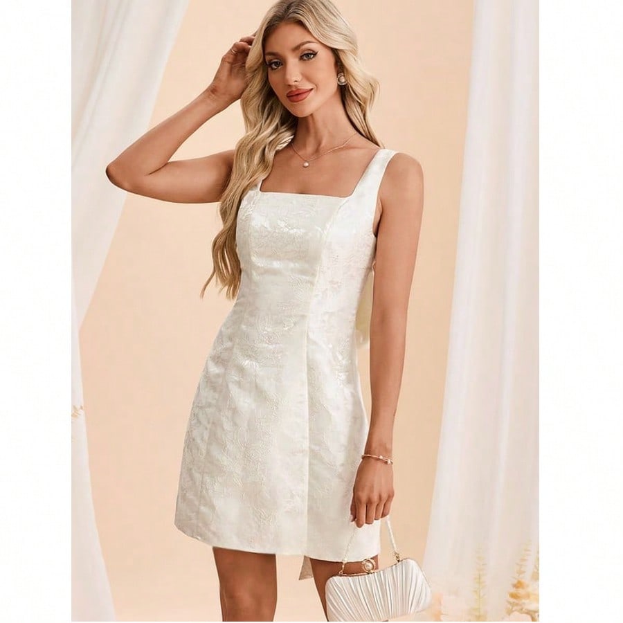 Bow Square Sleeveless A-Line Jacquard Mini Dress For Summer & Fall Women's Dress