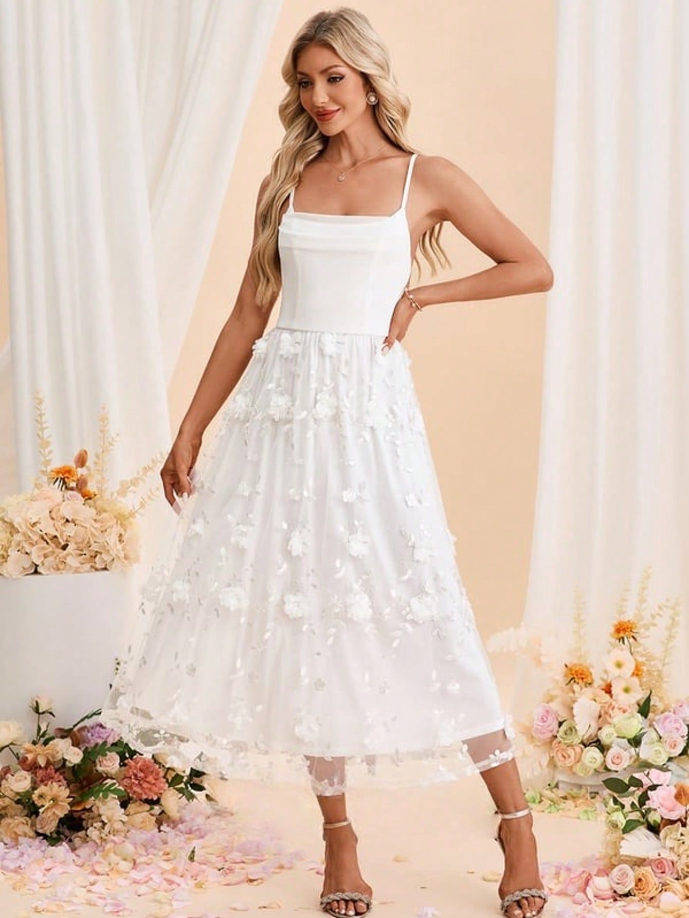 Embroidered Cowl Spaghetti Straps A-Line Spandex Tulle Midi Dress For Summer & Fall Women's Dress