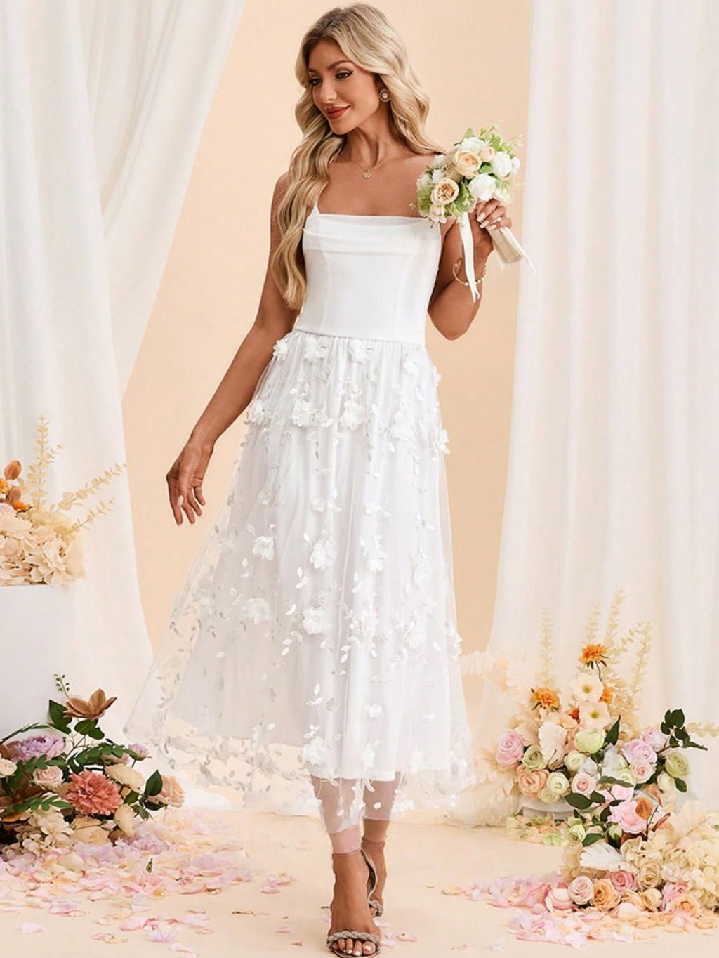 Embroidered Cowl Spaghetti Straps A-Line Spandex Tulle Midi Dress For Summer & Fall Women's Dress