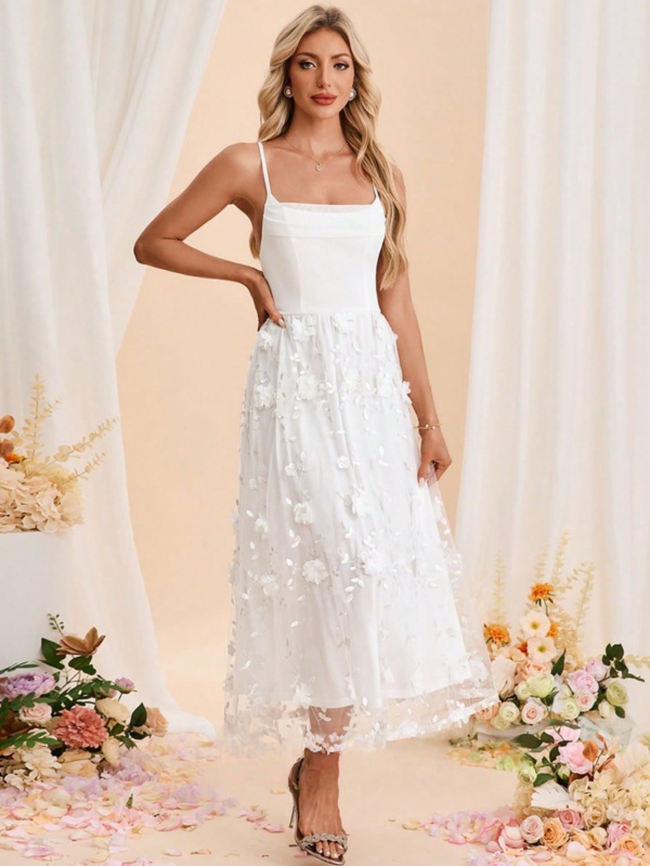 Embroidered Cowl Spaghetti Straps A-Line Spandex Tulle Midi Dress For Summer & Fall Women's Dress