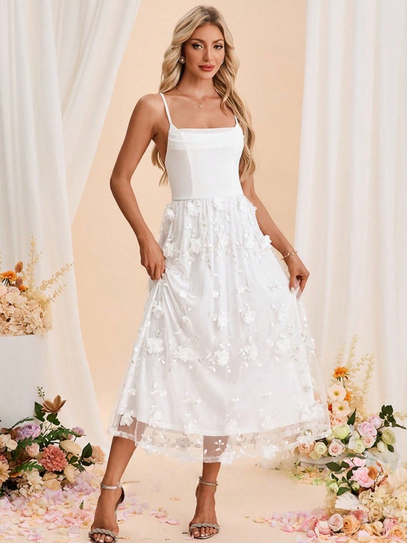 Embroidered Cowl Spaghetti Straps A-Line Spandex Tulle Midi Dress For Summer & Fall Women's Dress