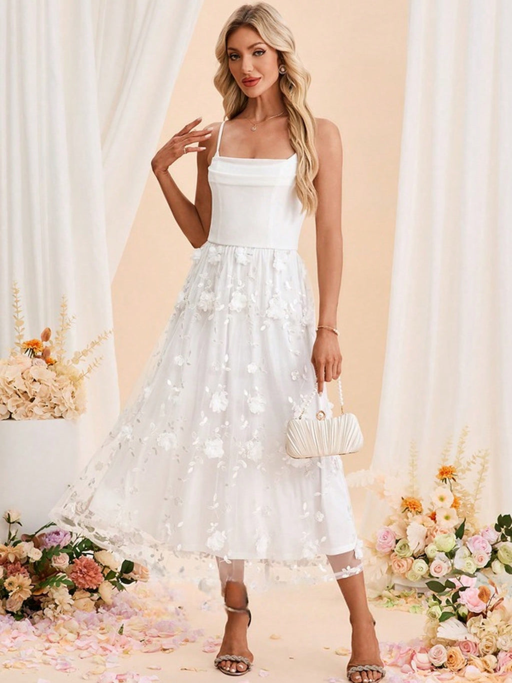 Embroidered Cowl Spaghetti Straps A-Line Spandex Tulle Midi Dress For Summer & Fall Women's Dress