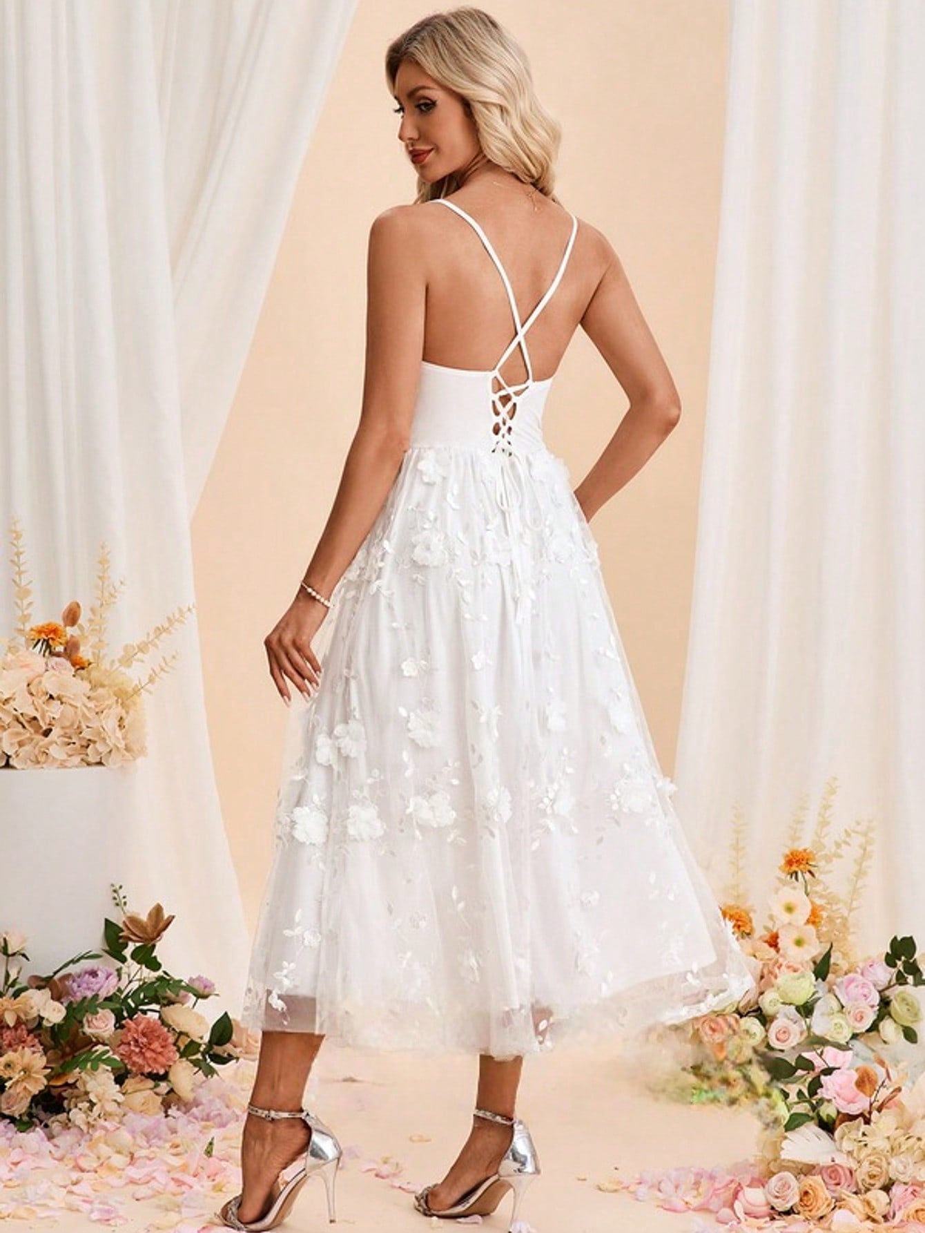 Embroidered Cowl Spaghetti Straps A-Line Spandex Tulle Midi Dress For Summer & Fall Women's Dress