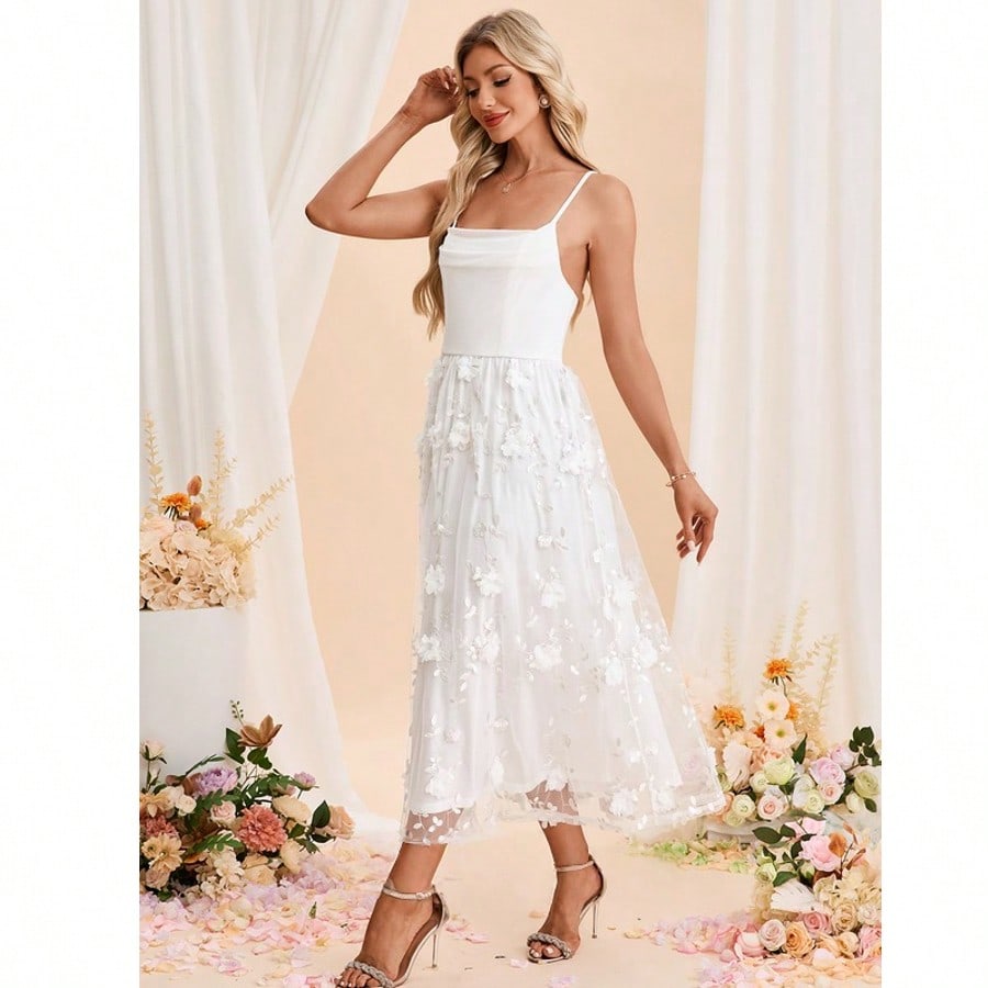 Embroidered Cowl Spaghetti Straps A-Line Spandex Tulle Midi Dress For Summer & Fall Women's Dress