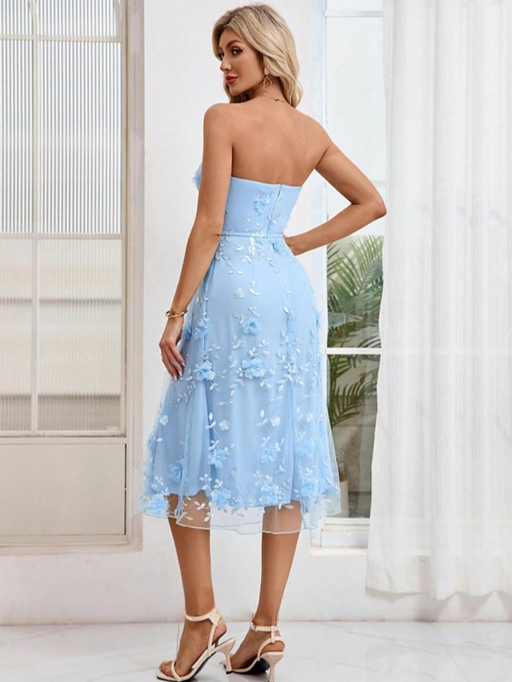 Flower Embroidered Straight Strapless A-Line Tulle Midi Dress For Summer & Fall Women's Clothing