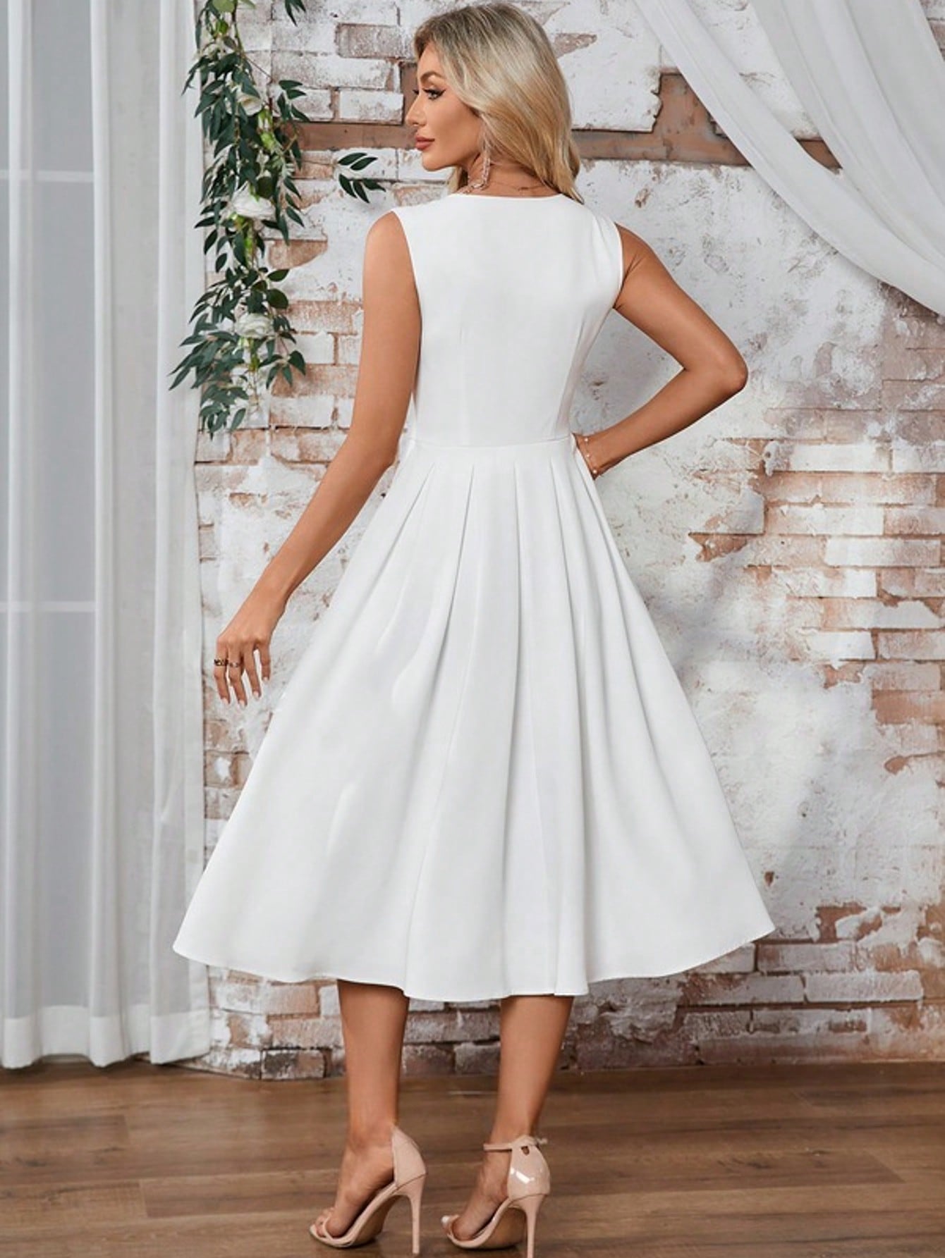 Button V-Neck A-Line Stretch Satin Midi Dress  For Summer & Fall Women's Dress