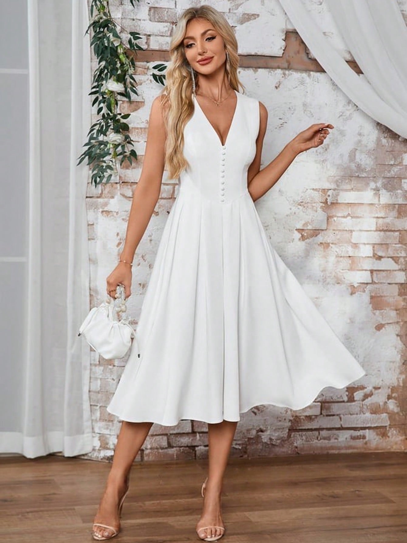 Button V-Neck A-Line Stretch Satin Midi Dress  For Summer & Fall Women's Dress