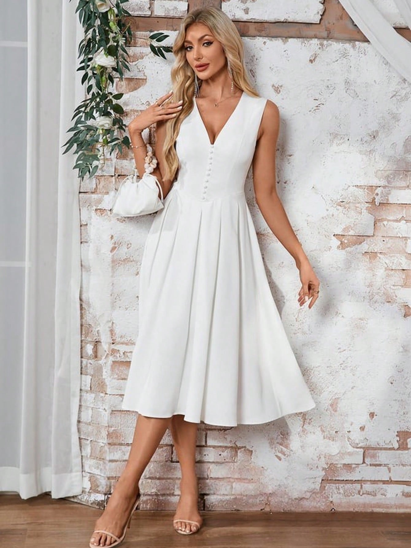 Button V-Neck A-Line Stretch Satin Midi Dress  For Summer & Fall Women's Dress