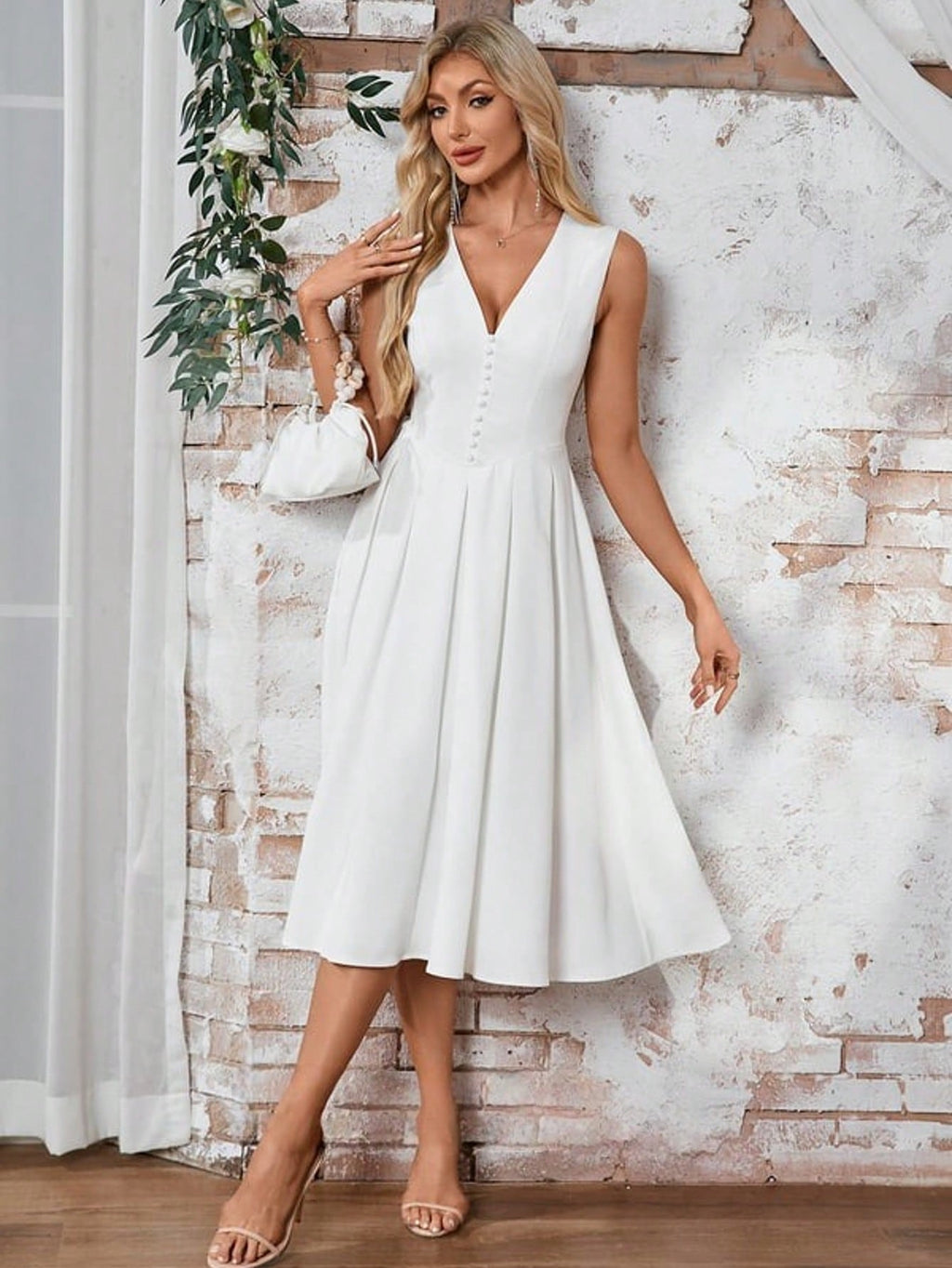 Button V-Neck A-Line Stretch Satin Midi Dress  For Summer & Fall Women's Dress