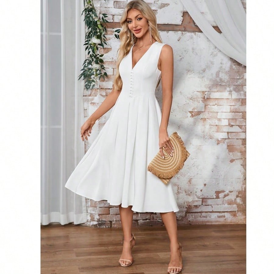 Button V-Neck A-Line Stretch Satin Midi Dress  For Summer & Fall Women's Dress