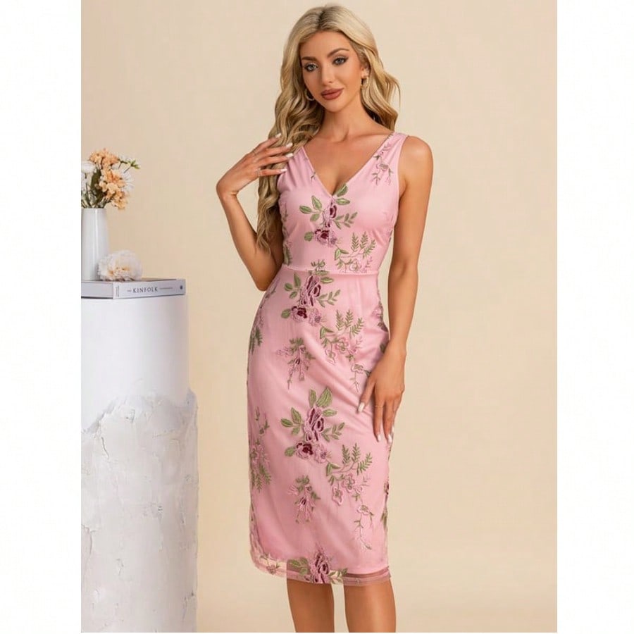 Sheath/Column V-Neck Knee-Length Tulle Lace Cocktail Dress For Summer & Fall Women's Dress